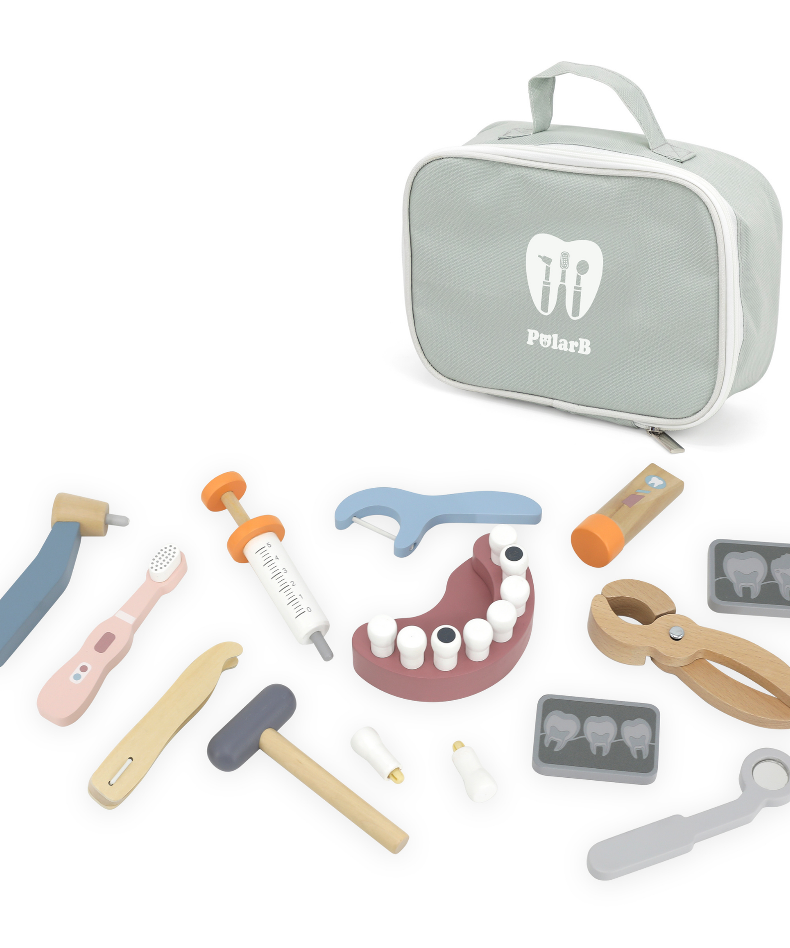 PolarB Wooden Dentist Set for Kids Ages 3 and Up  Roleplay Toy with Removable Teeth, Dental Tools, and Carrying Case