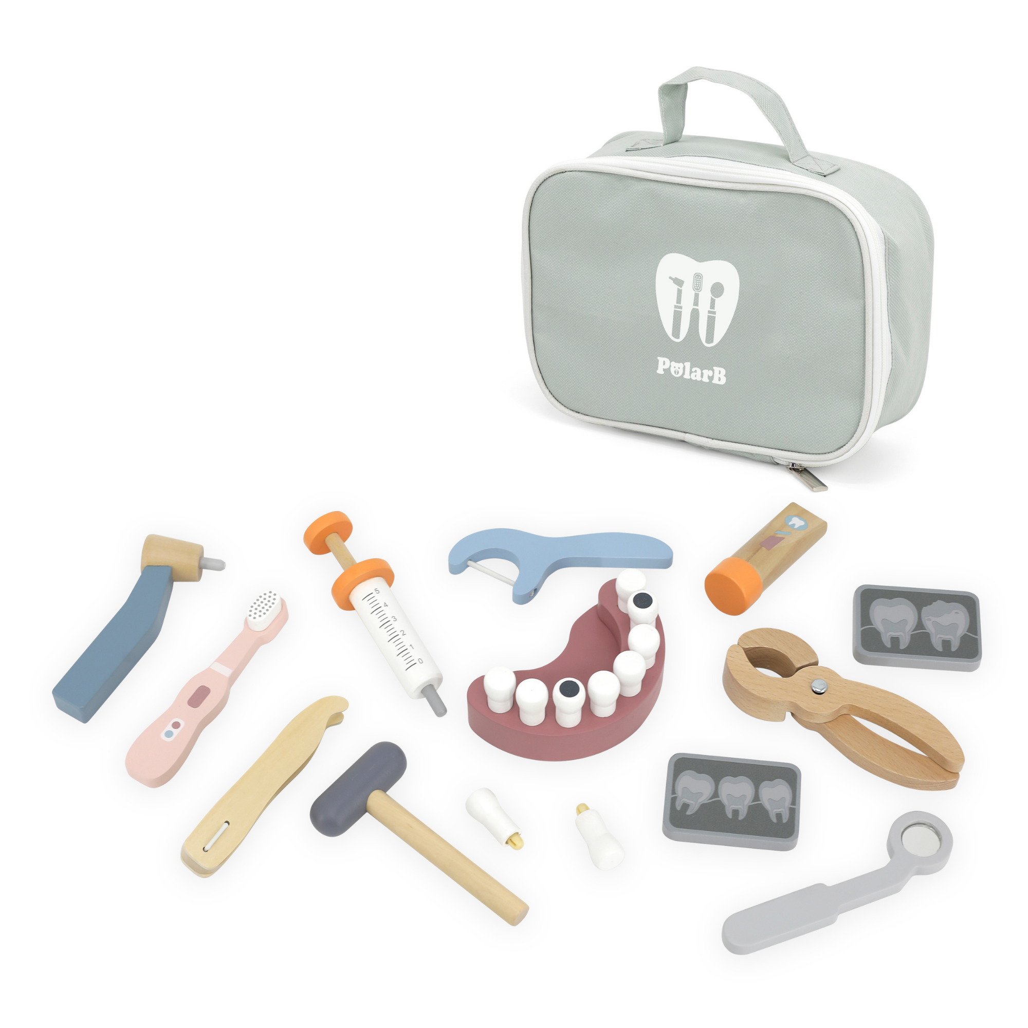 PolarB Wooden Dentist Set for Kids Ages 3 and Up  Roleplay Toy with Removable Teeth, Dental Tools, and Carrying Case