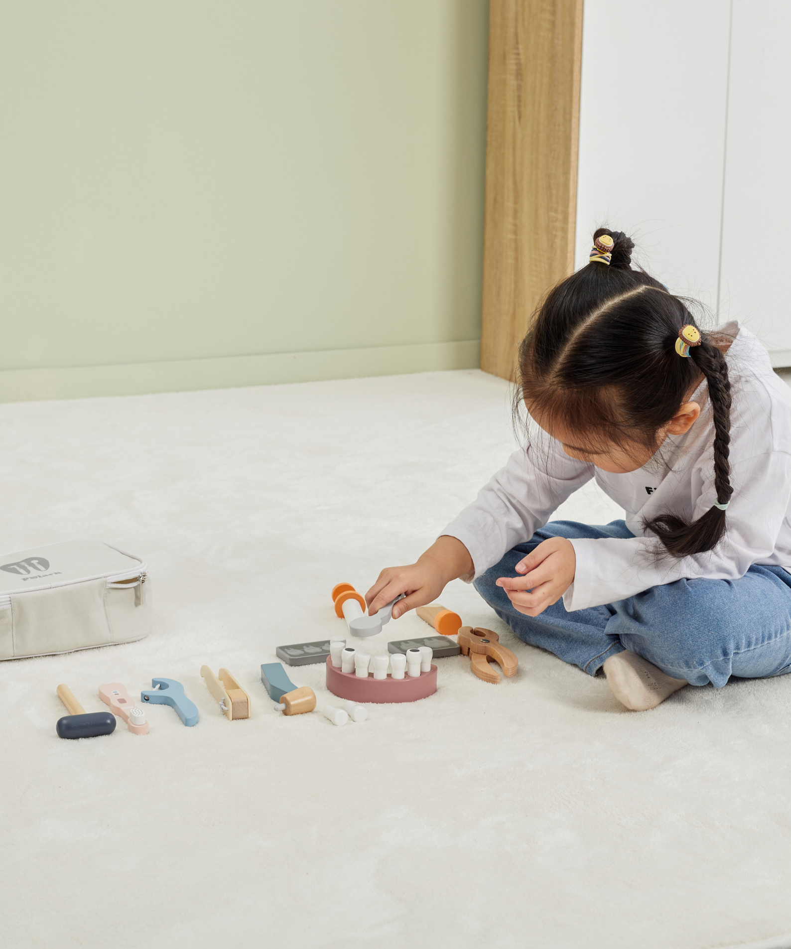 PolarB Wooden Dentist Set for Kids Ages 3 and Up  Roleplay Toy with Removable Teeth, Dental Tools, and Carrying Case