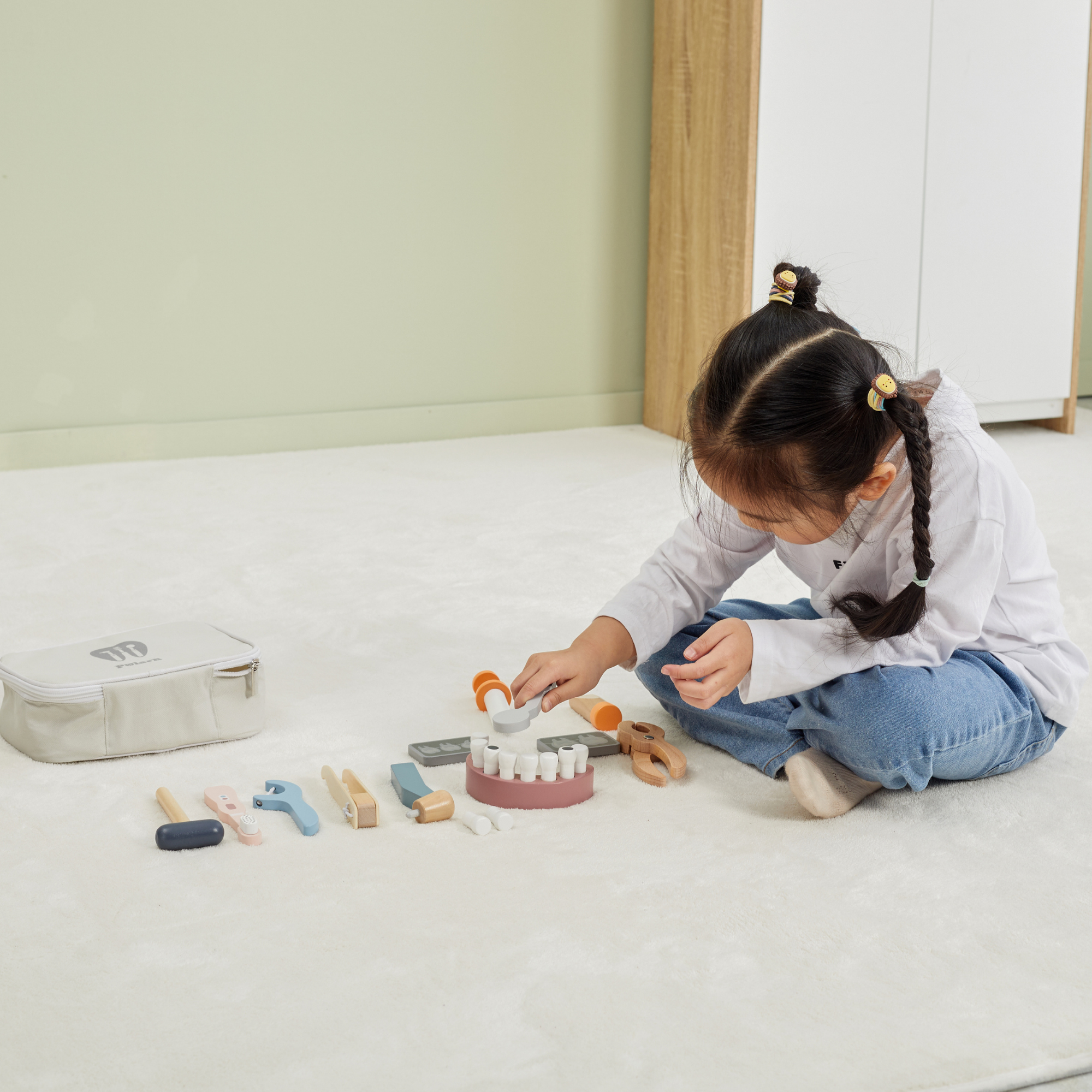 PolarB Wooden Dentist Set for Kids Ages 3 and Up  Roleplay Toy with Removable Teeth, Dental Tools, and Carrying Case