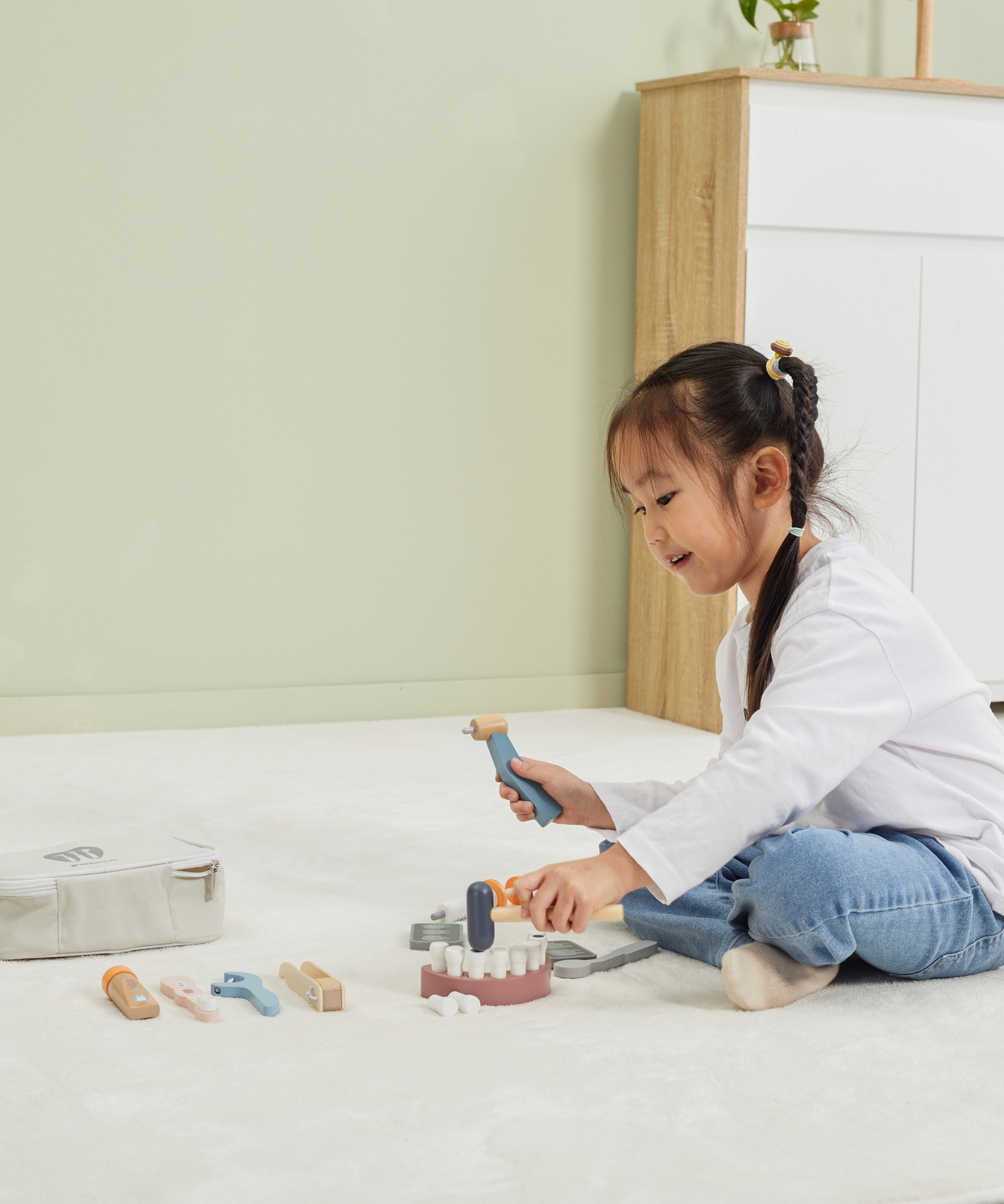 PolarB Wooden Dentist Set for Kids Ages 3 and Up  Roleplay Toy with Removable Teeth, Dental Tools, and Carrying Case