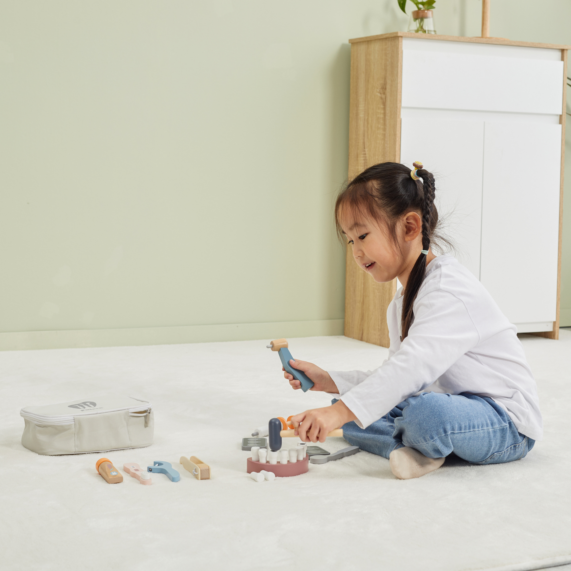 PolarB Wooden Dentist Set for Kids Ages 3 and Up  Roleplay Toy with Removable Teeth, Dental Tools, and Carrying Case