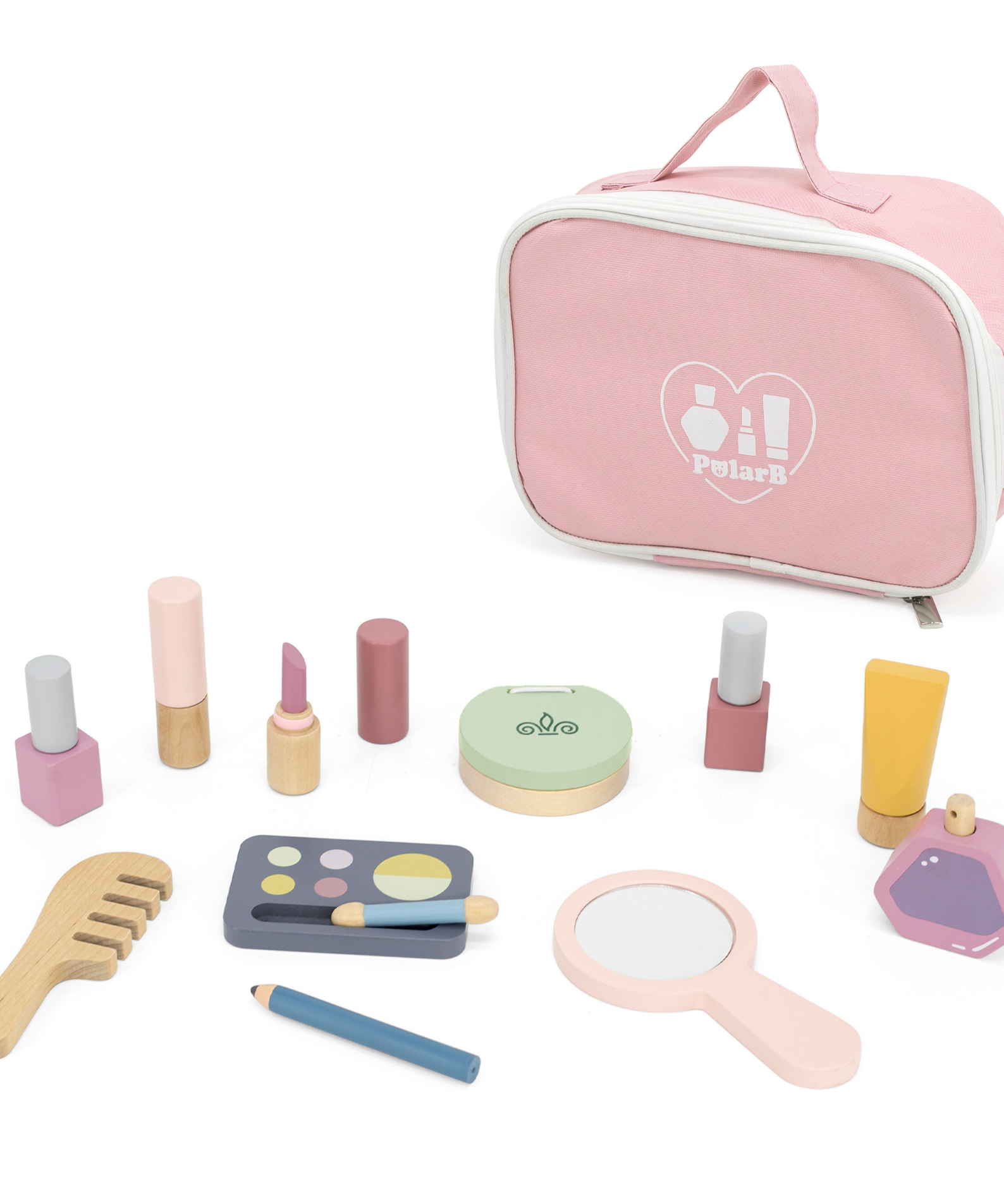 PolarB Wooden Make-up Set for Kids Ages 3 and Up  Roleplay Toy with Cosmetic Accessories and Portable Pink Bag