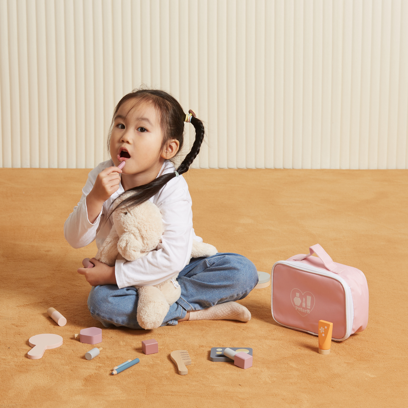 PolarB Wooden Make-up Set for Kids Ages 3 and Up  Roleplay Toy with Cosmetic Accessories and Portable Pink Bag