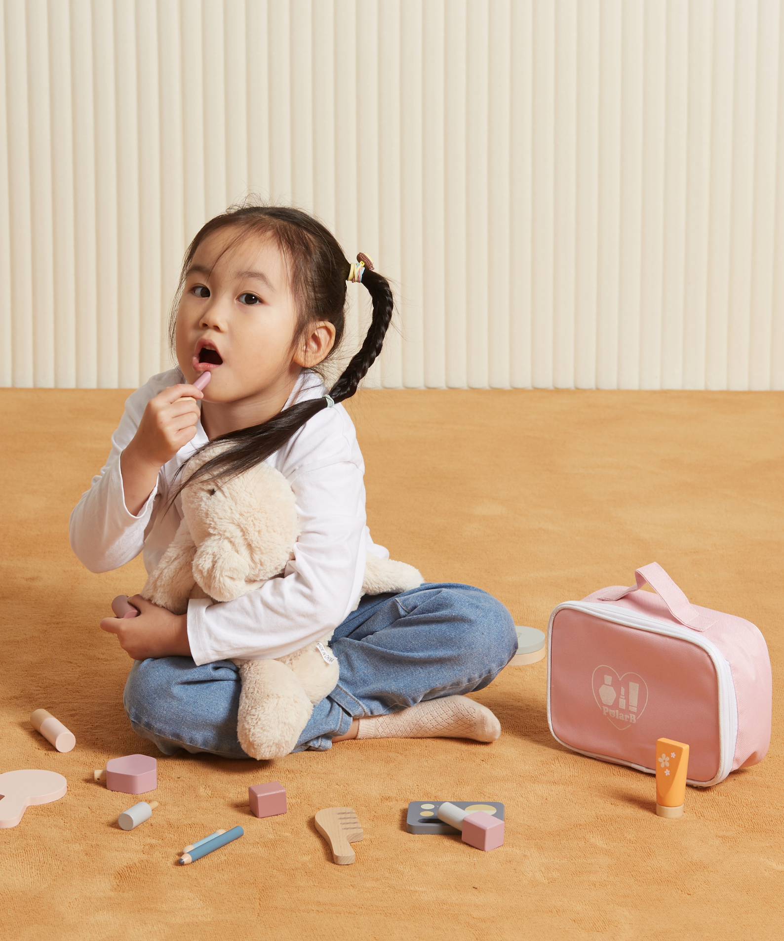 PolarB Wooden Make-up Set for Kids Ages 3 and Up  Roleplay Toy with Cosmetic Accessories and Portable Pink Bag