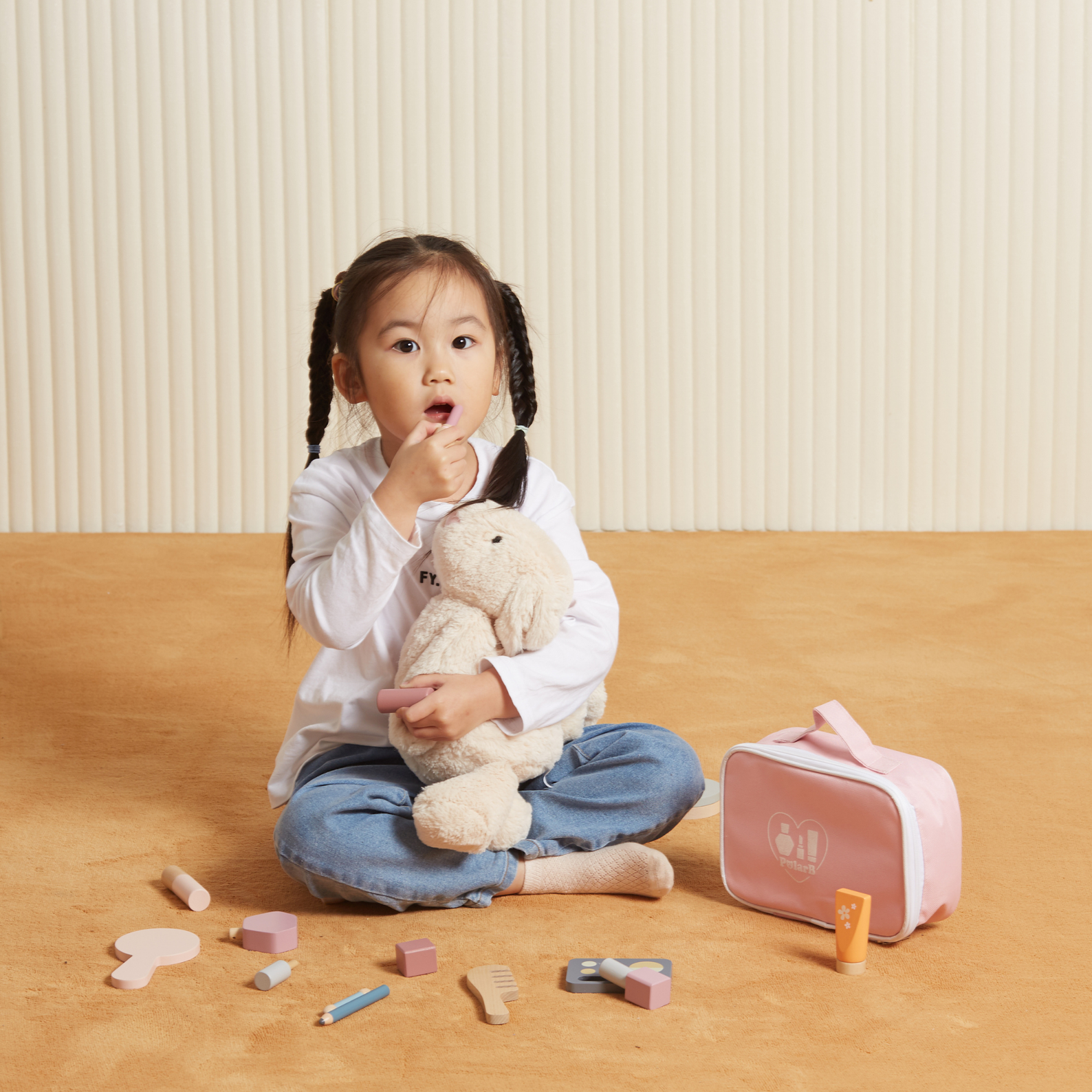 PolarB Wooden Make-up Set for Kids Ages 3 and Up  Roleplay Toy with Cosmetic Accessories and Portable Pink Bag
