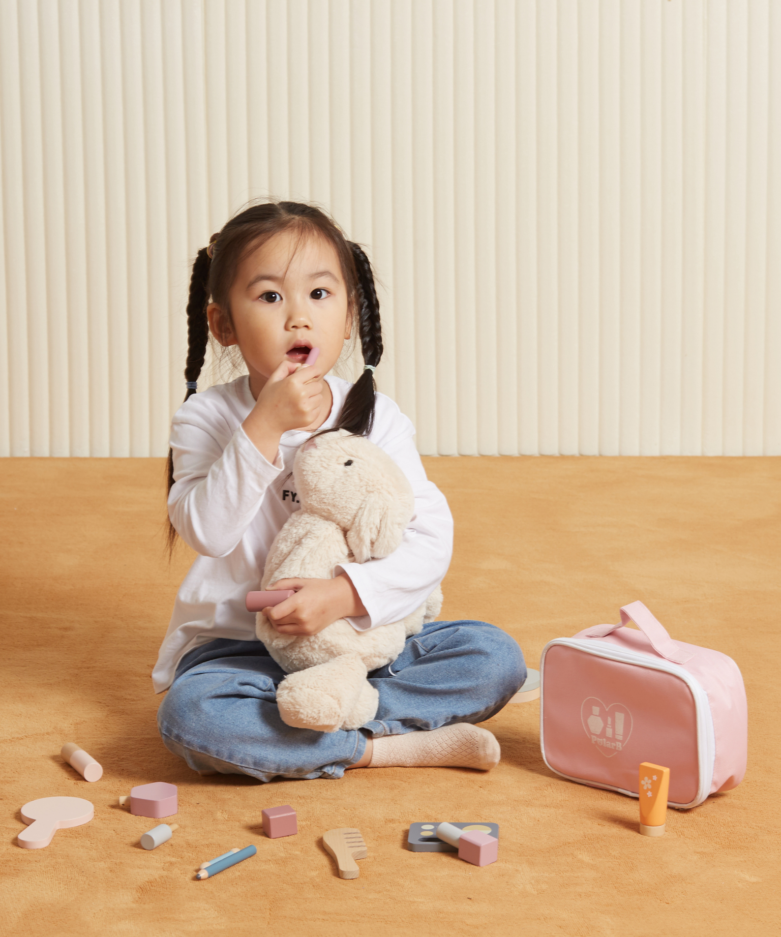 PolarB Wooden Make-up Set for Kids Ages 3 and Up  Roleplay Toy with Cosmetic Accessories and Portable Pink Bag