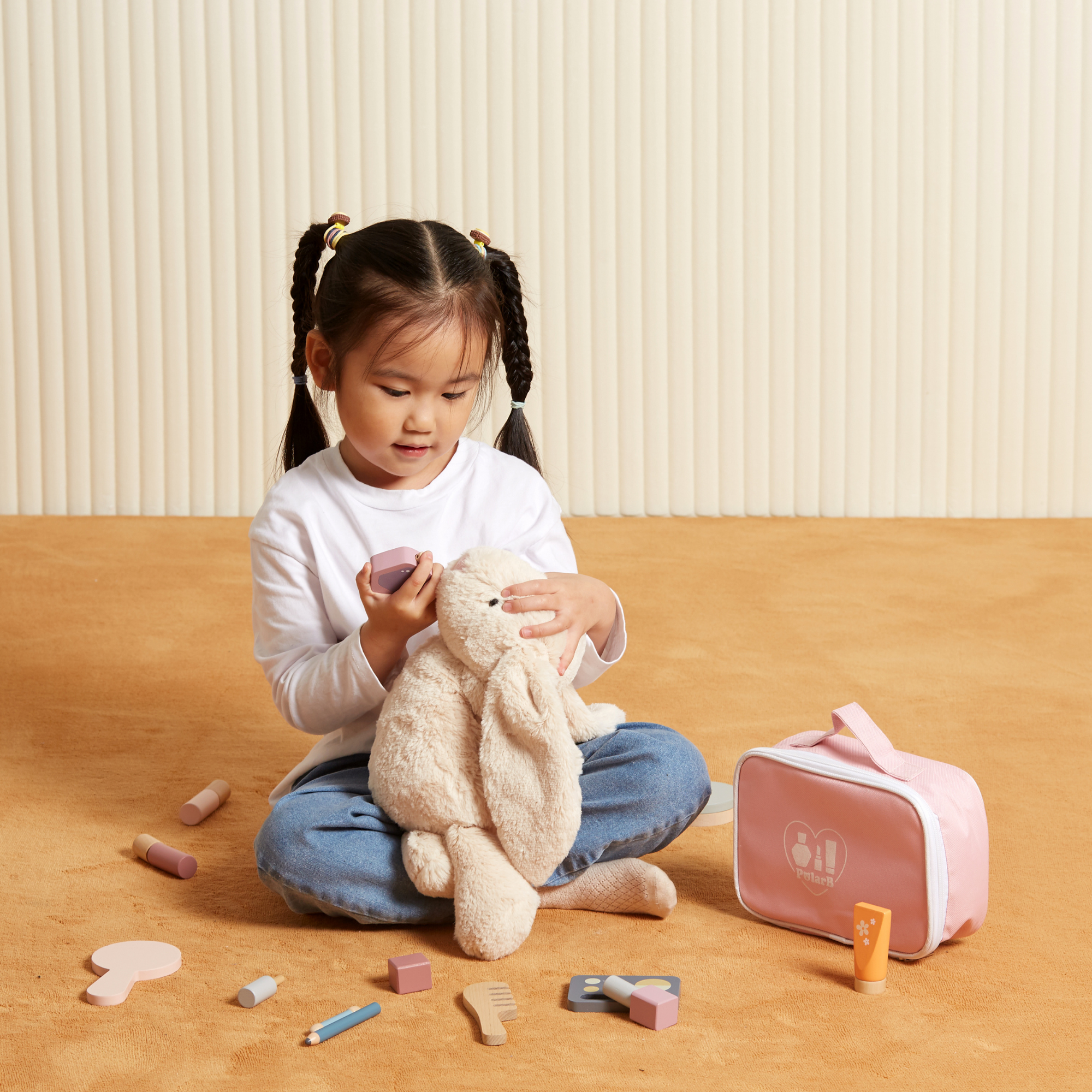 PolarB Wooden Make-up Set for Kids Ages 3 and Up  Roleplay Toy with Cosmetic Accessories and Portable Pink Bag