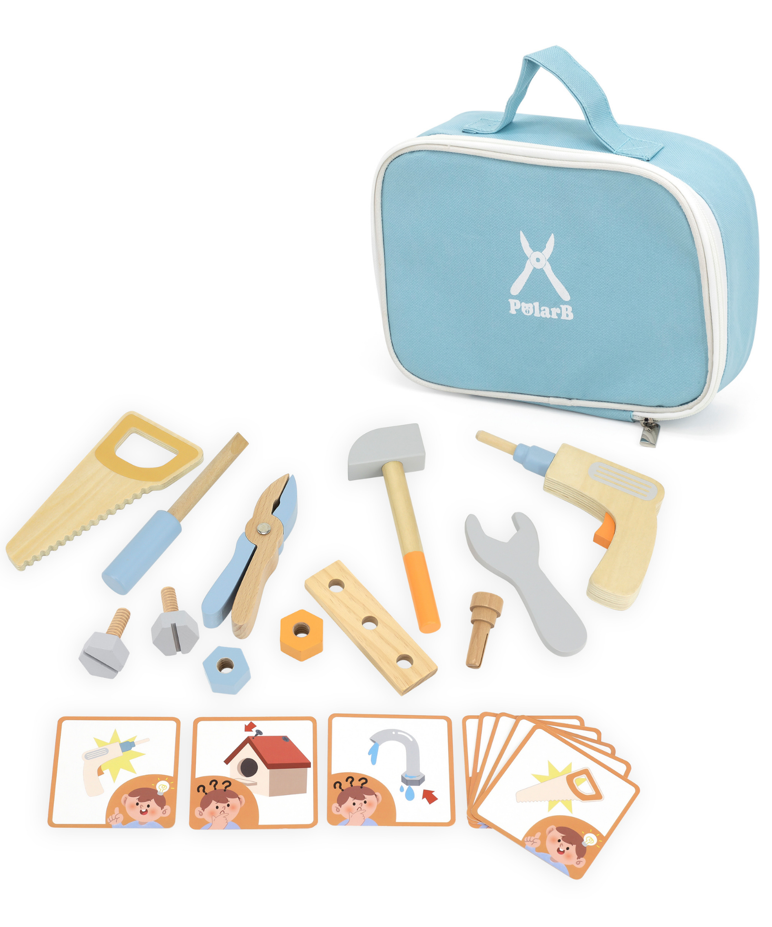 PolarB Wooden Tool Set for Kids Ages 3 and Up  Roleplay Toy with Tools, Screws, and Activity Cards in Storage Case