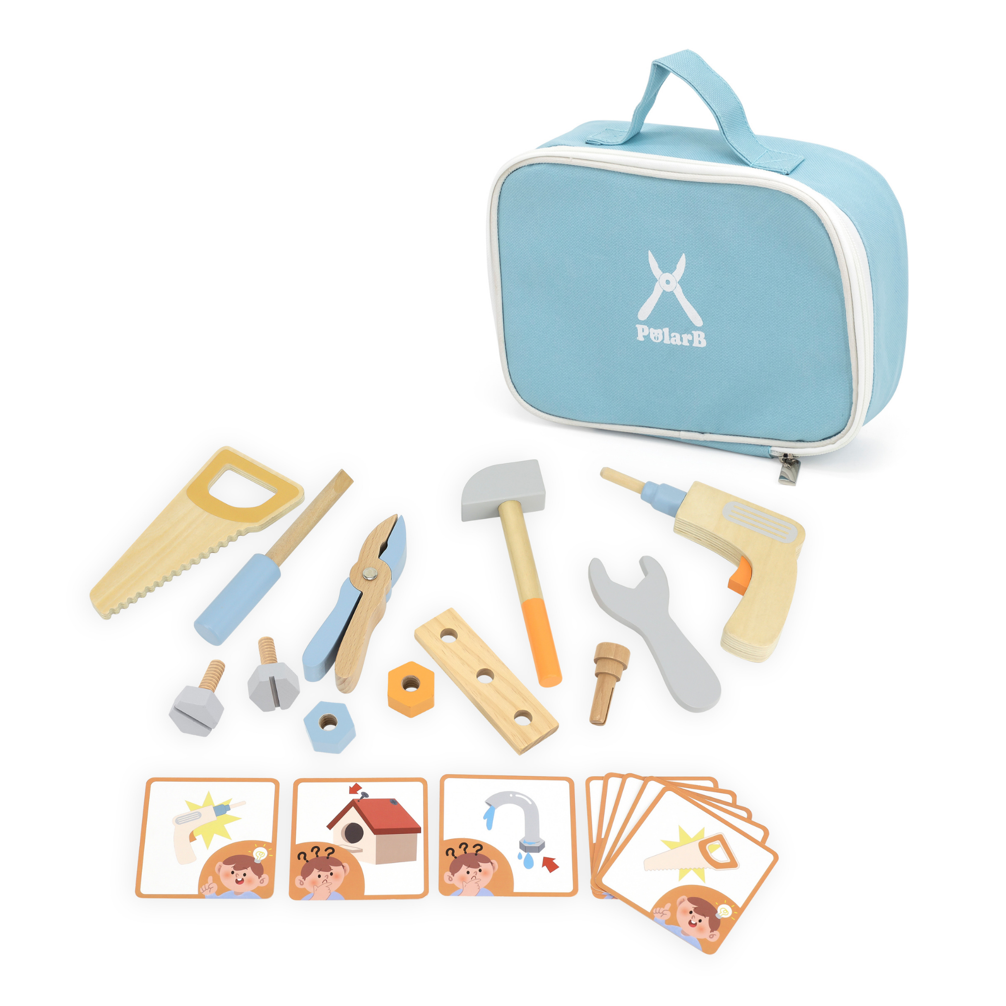 PolarB Wooden Tool Set for Kids Ages 3 and Up  Roleplay Toy with Tools, Screws, and Activity Cards in Storage Case