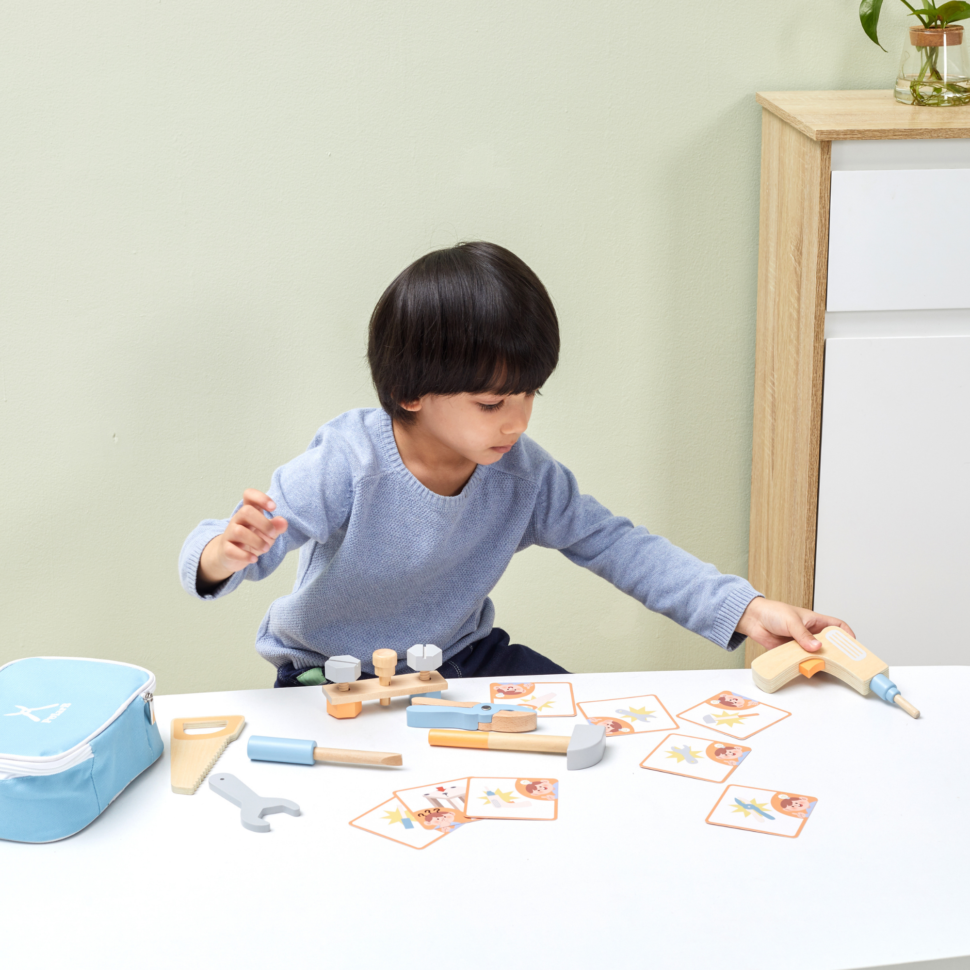 PolarB Wooden Tool Set for Kids Ages 3 and Up  Roleplay Toy with Tools, Screws, and Activity Cards in Storage Case