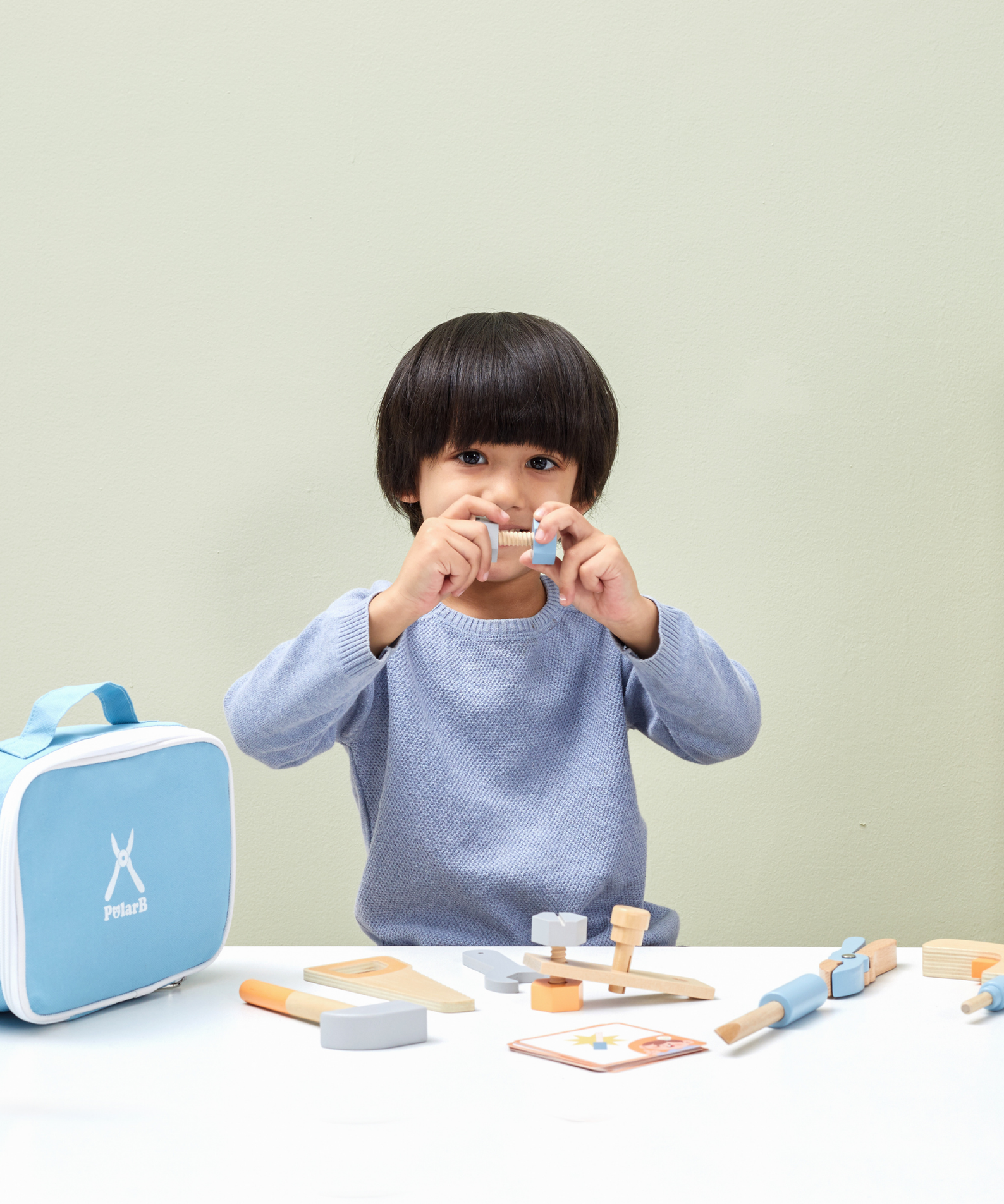 PolarB Wooden Tool Set for Kids Ages 3 and Up  Roleplay Toy with Tools, Screws, and Activity Cards in Storage Case