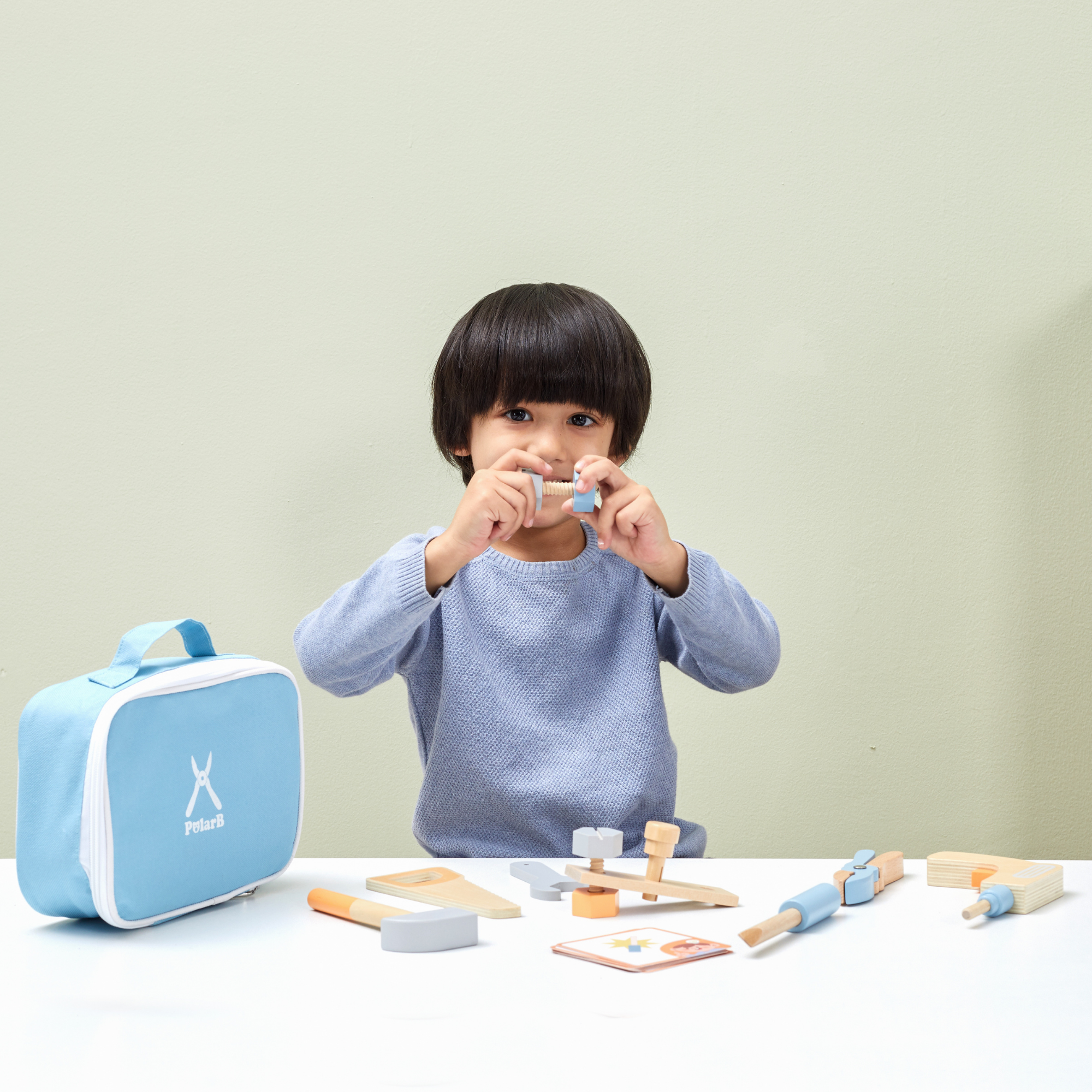 PolarB Wooden Tool Set for Kids Ages 3 and Up  Roleplay Toy with Tools, Screws, and Activity Cards in Storage Case
