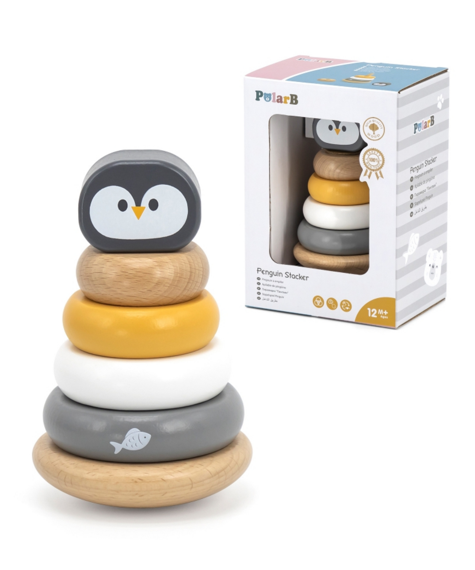 PolarB Penguin Stacker Wooden Sorting and Stacking Toy with Rocking Base and 4 Rings for Toddlers, Age 12 Months and Up