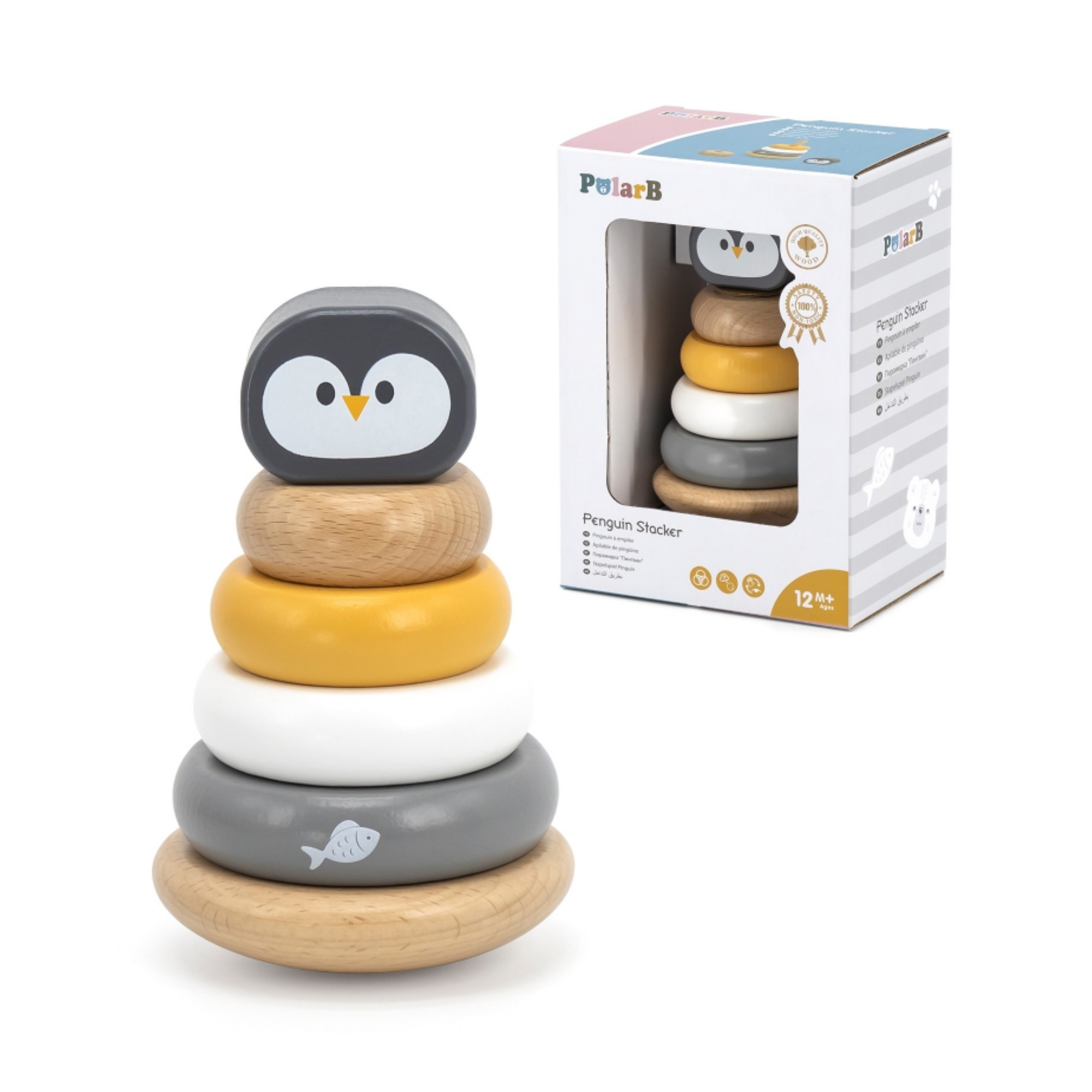 PolarB Penguin Stacker Wooden Sorting and Stacking Toy with Rocking Base and 4 Rings for Toddlers, Age 12 Months and Up