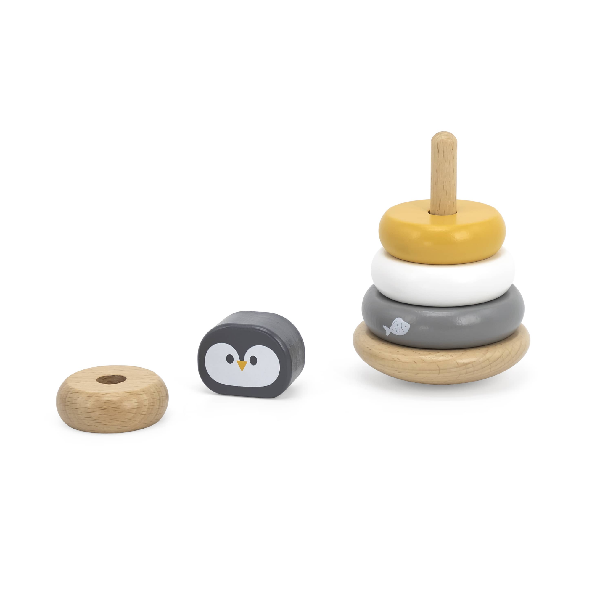 PolarB Penguin Stacker Wooden Sorting and Stacking Toy with Rocking Base and 4 Rings for Toddlers, Age 12 Months and Up