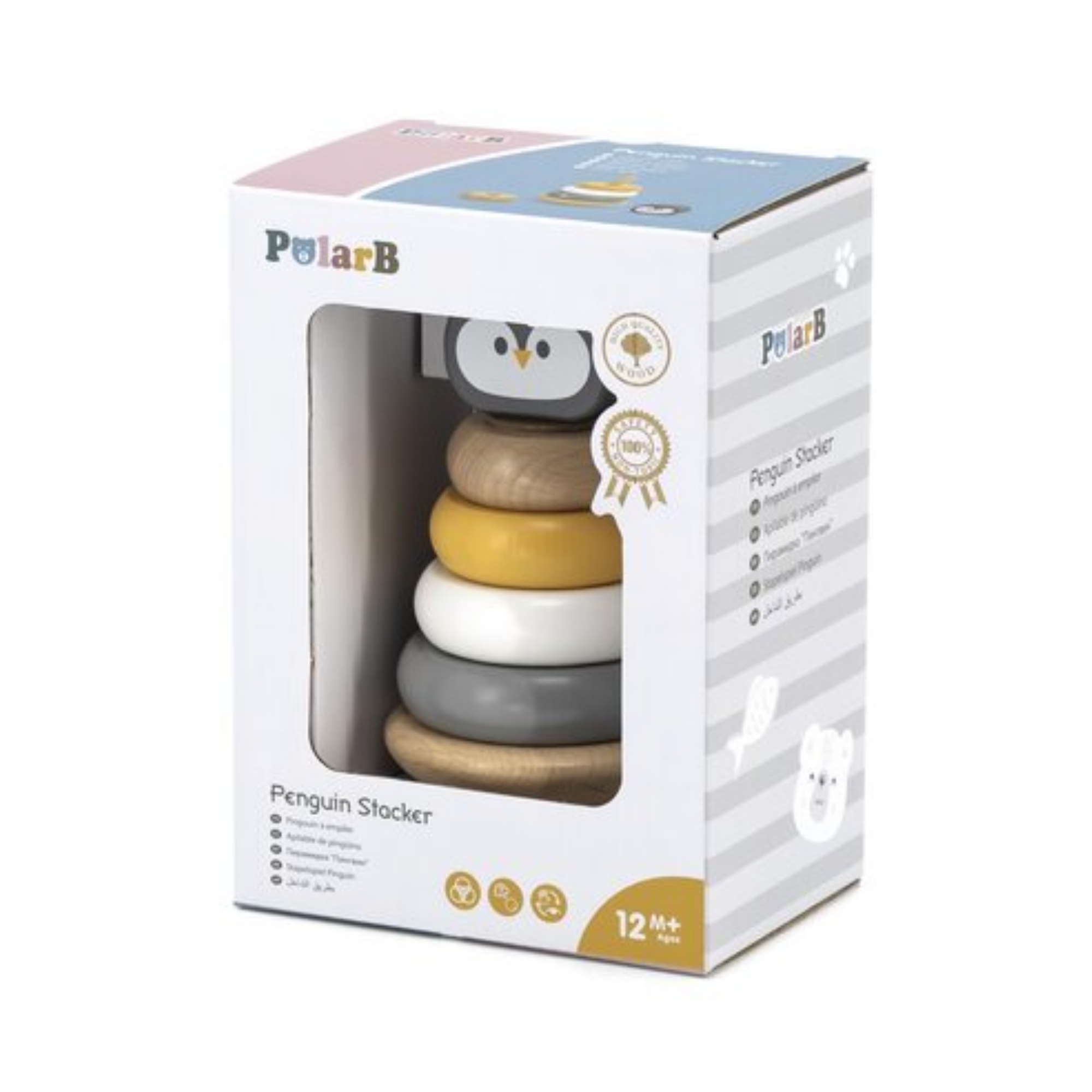 PolarB Penguin Stacker Wooden Sorting and Stacking Toy with Rocking Base and 4 Rings for Toddlers, Age 12 Months and Up
