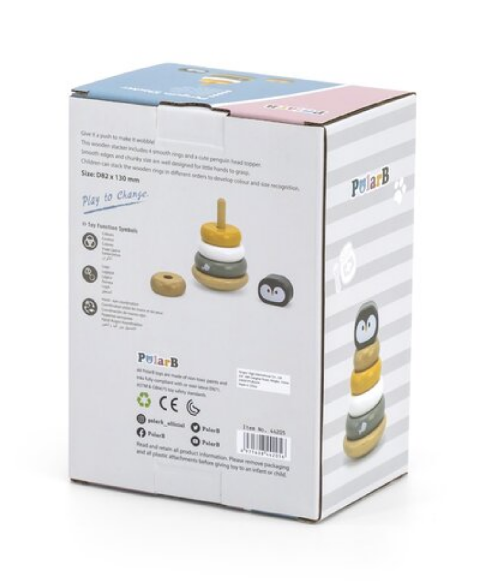 PolarB Penguin Stacker Wooden Sorting and Stacking Toy with Rocking Base and 4 Rings for Toddlers, Age 12 Months and Up