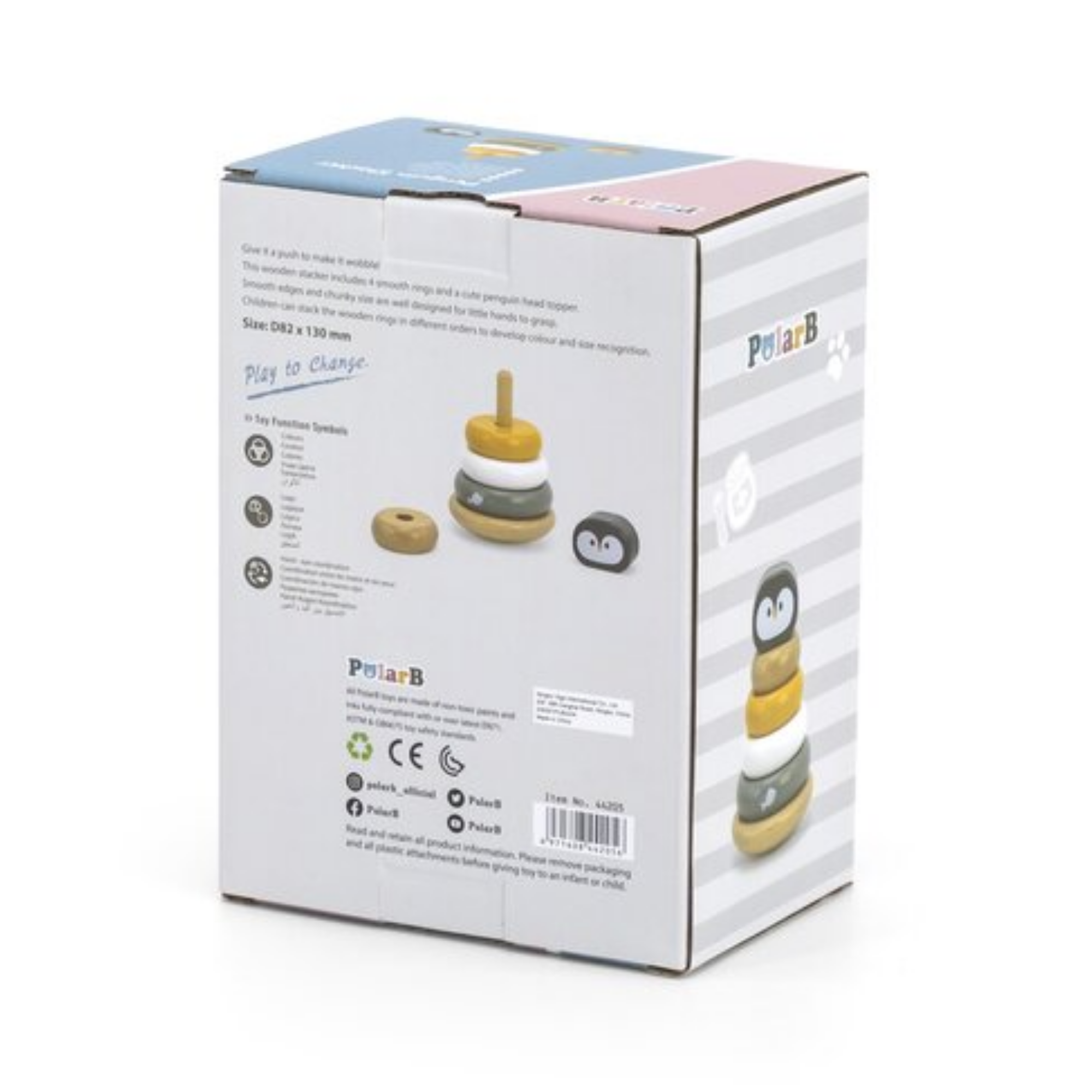 PolarB Penguin Stacker Wooden Sorting and Stacking Toy with Rocking Base and 4 Rings for Toddlers, Age 12 Months and Up