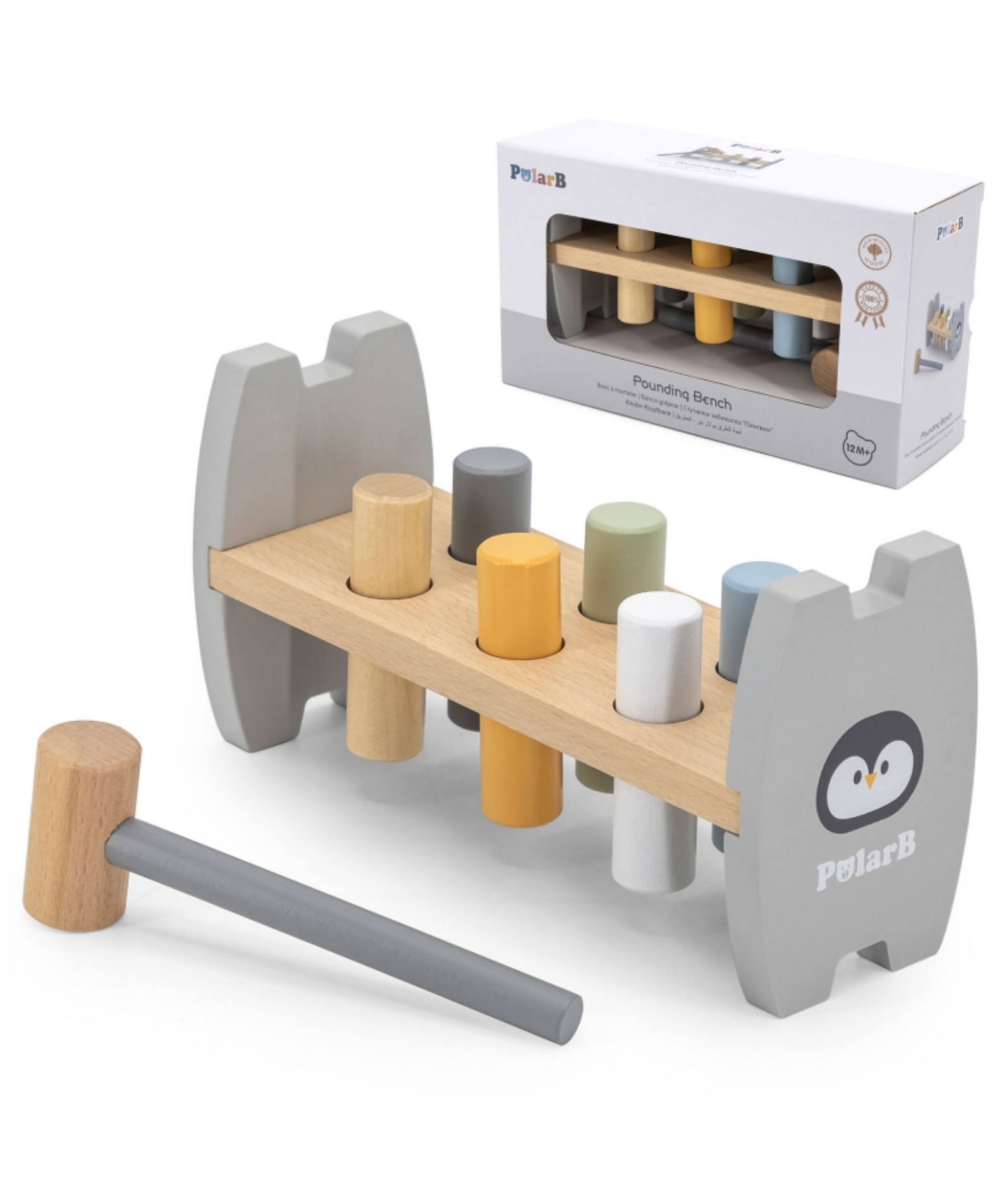 PolarB Wooden Stacking and Pounding Set with Penguin Design, Includes Penguin Stacker and Pounding Bench, Montessori-Inspired Learning Toy for Toddlers Age 1 and Up