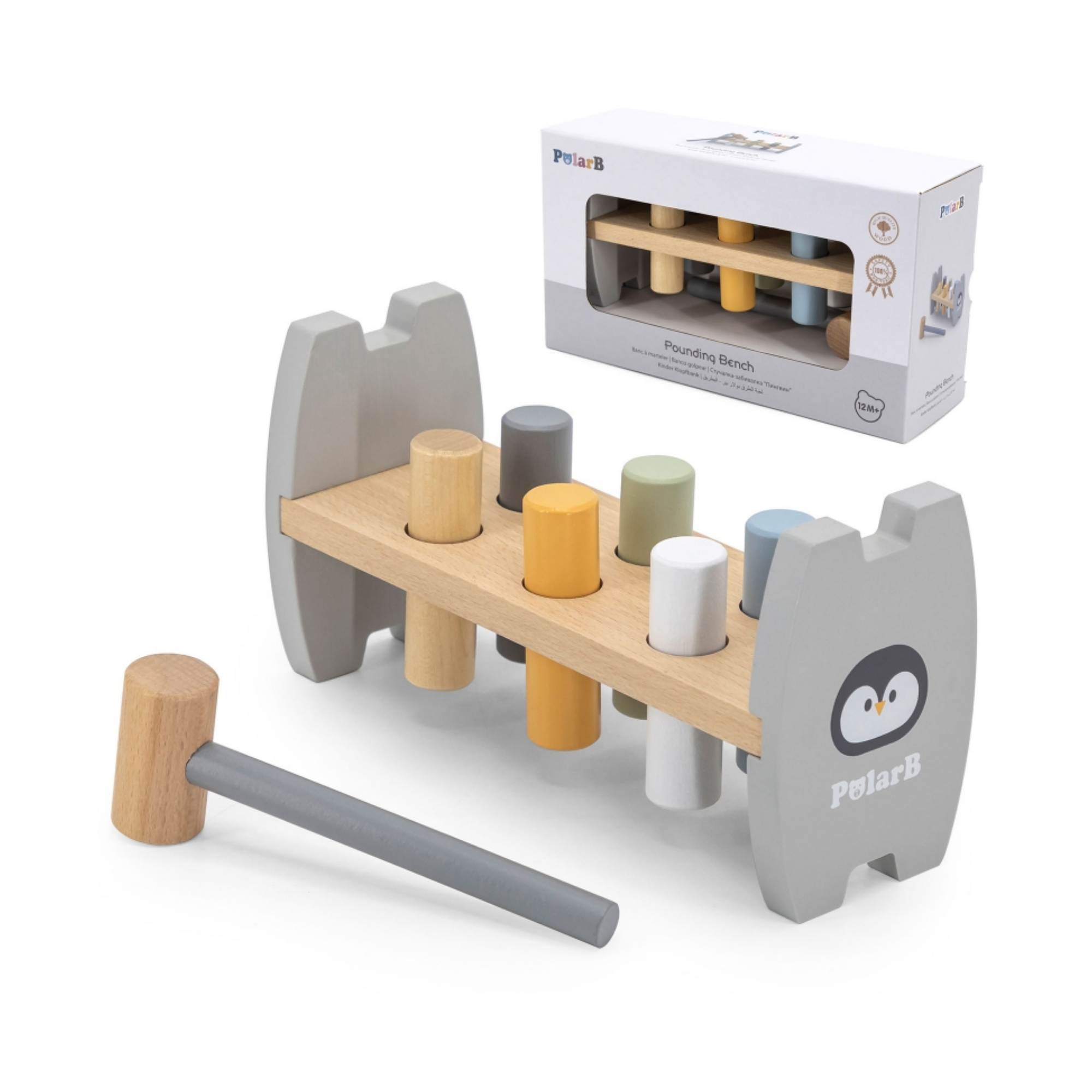 PolarB Wooden Stacking and Pounding Set with Penguin Design, Includes Penguin Stacker and Pounding Bench, Montessori-Inspired Learning Toy for Toddlers Age 1 and Up