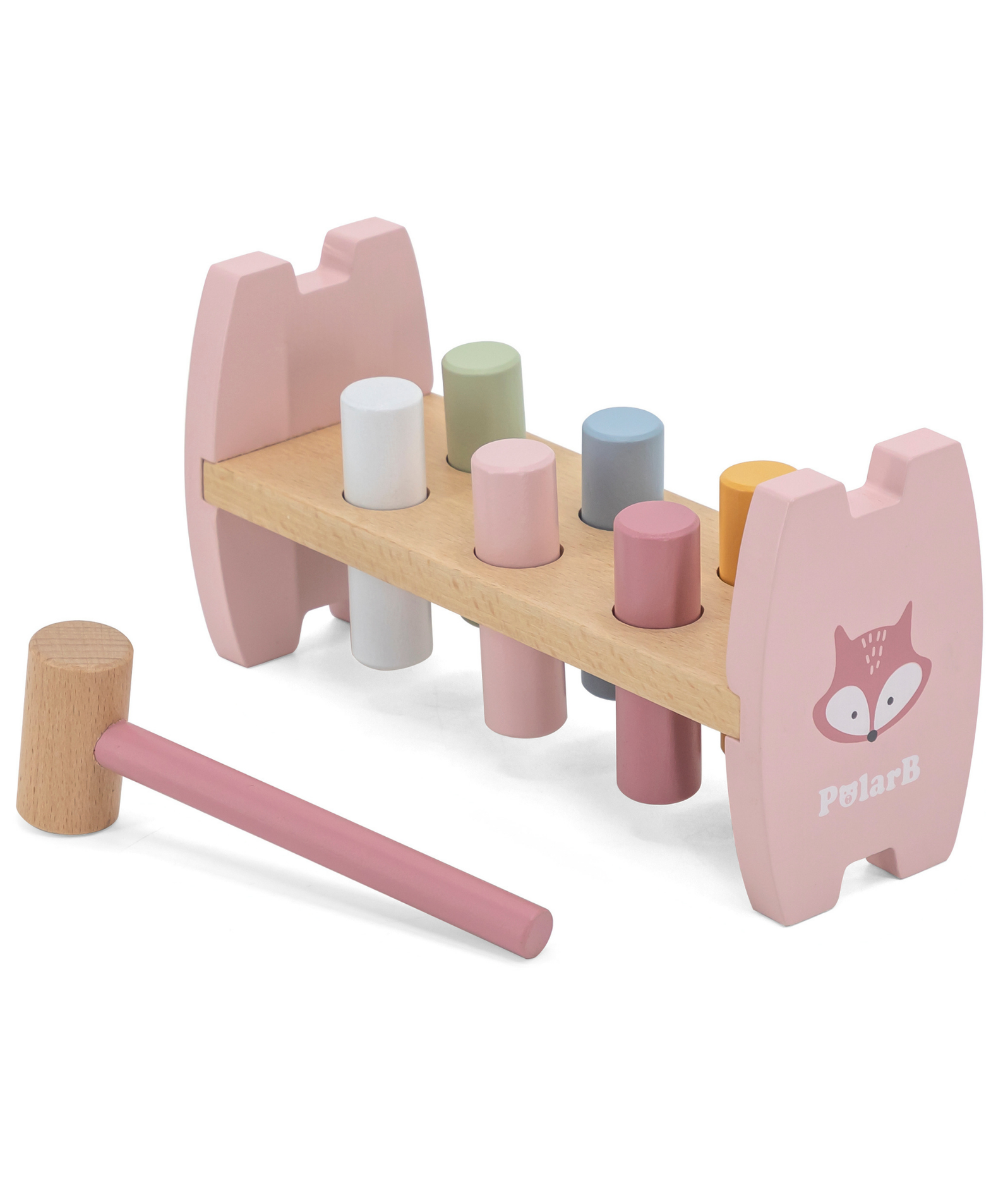 PolarB Wooden Stacking and Pounding Set with Fox Design, Includes Fox Stacker and Pounding Bench, Montessori-Inspired Learning Toy for Toddlers Age 1 and Up