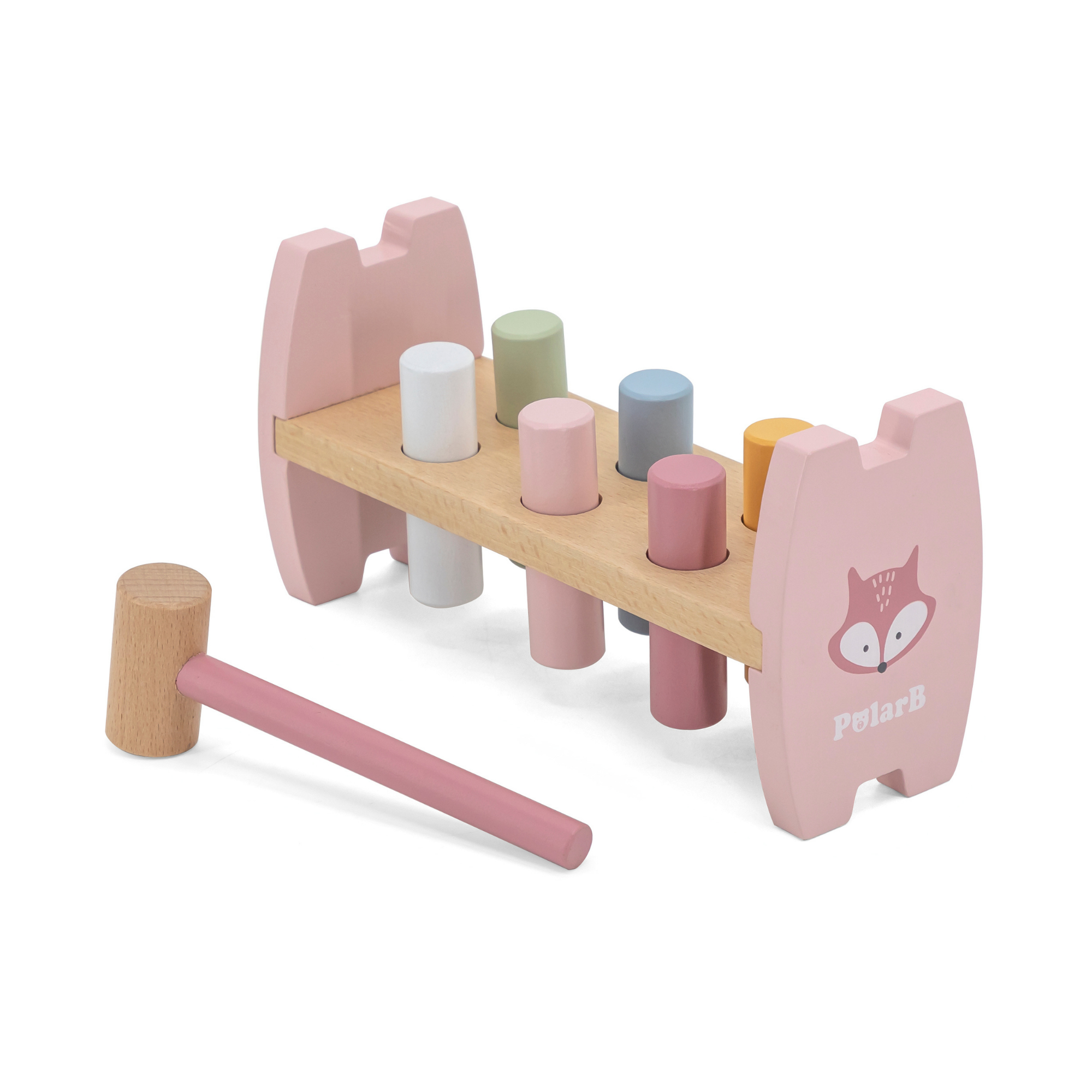 PolarB Wooden Stacking and Pounding Set with Fox Design, Includes Fox Stacker and Pounding Bench, Montessori-Inspired Learning Toy for Toddlers Age 1 and Up
