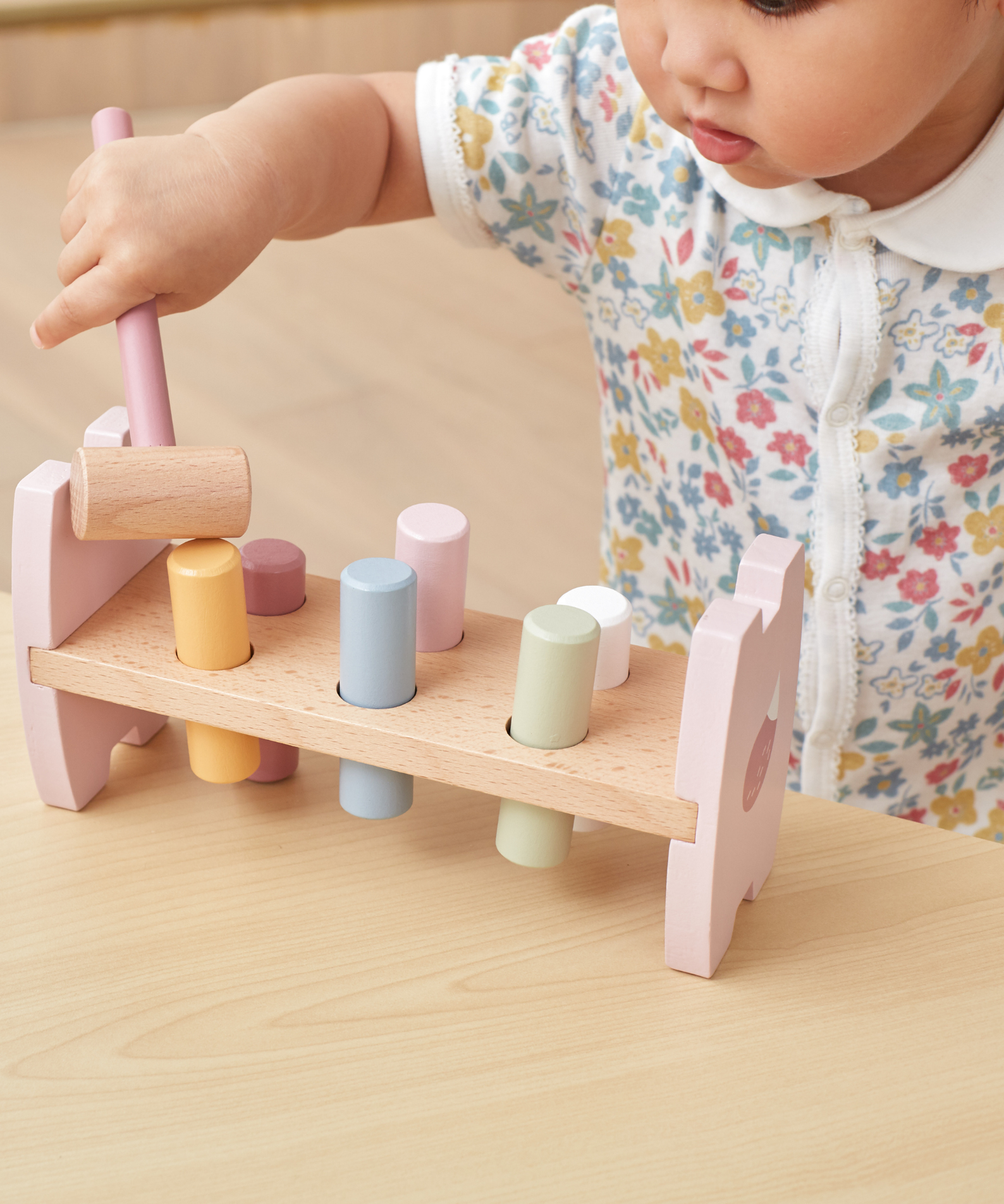 PolarB Wooden Stacking and Pounding Set with Fox Design, Includes Fox Stacker and Pounding Bench, Montessori-Inspired Learning Toy for Toddlers Age 1 and Up