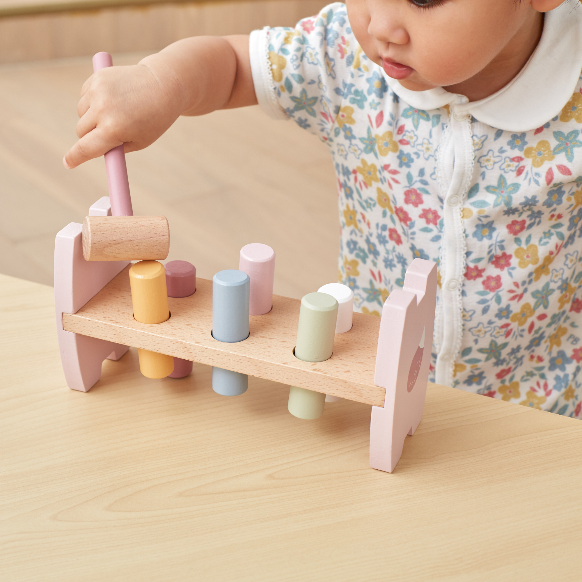 PolarB Wooden Stacking and Pounding Set with Fox Design, Includes Fox Stacker and Pounding Bench, Montessori-Inspired Learning Toy for Toddlers Age 1 and Up