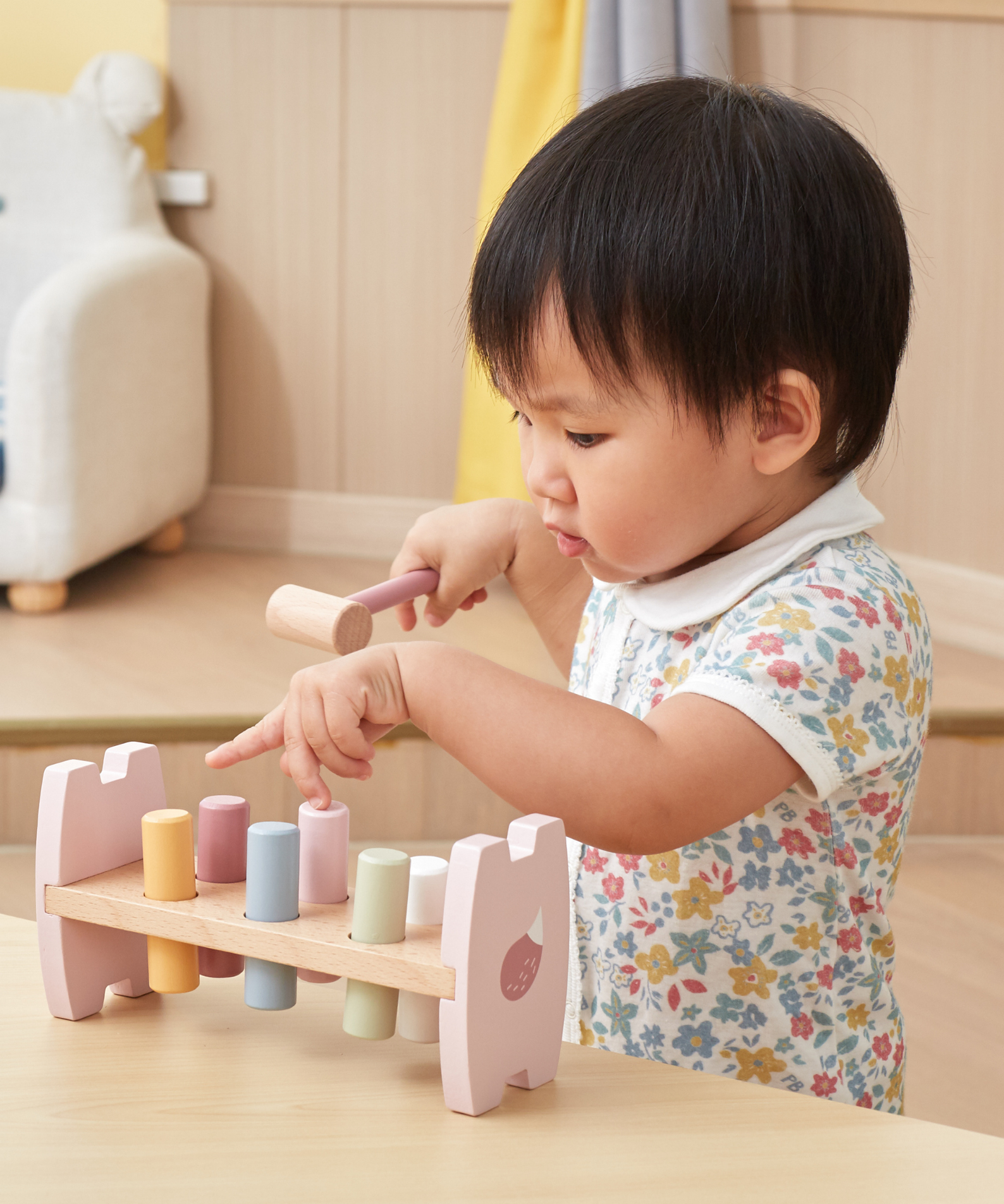 PolarB Wooden Stacking and Pounding Set with Fox Design, Includes Fox Stacker and Pounding Bench, Montessori-Inspired Learning Toy for Toddlers Age 1 and Up