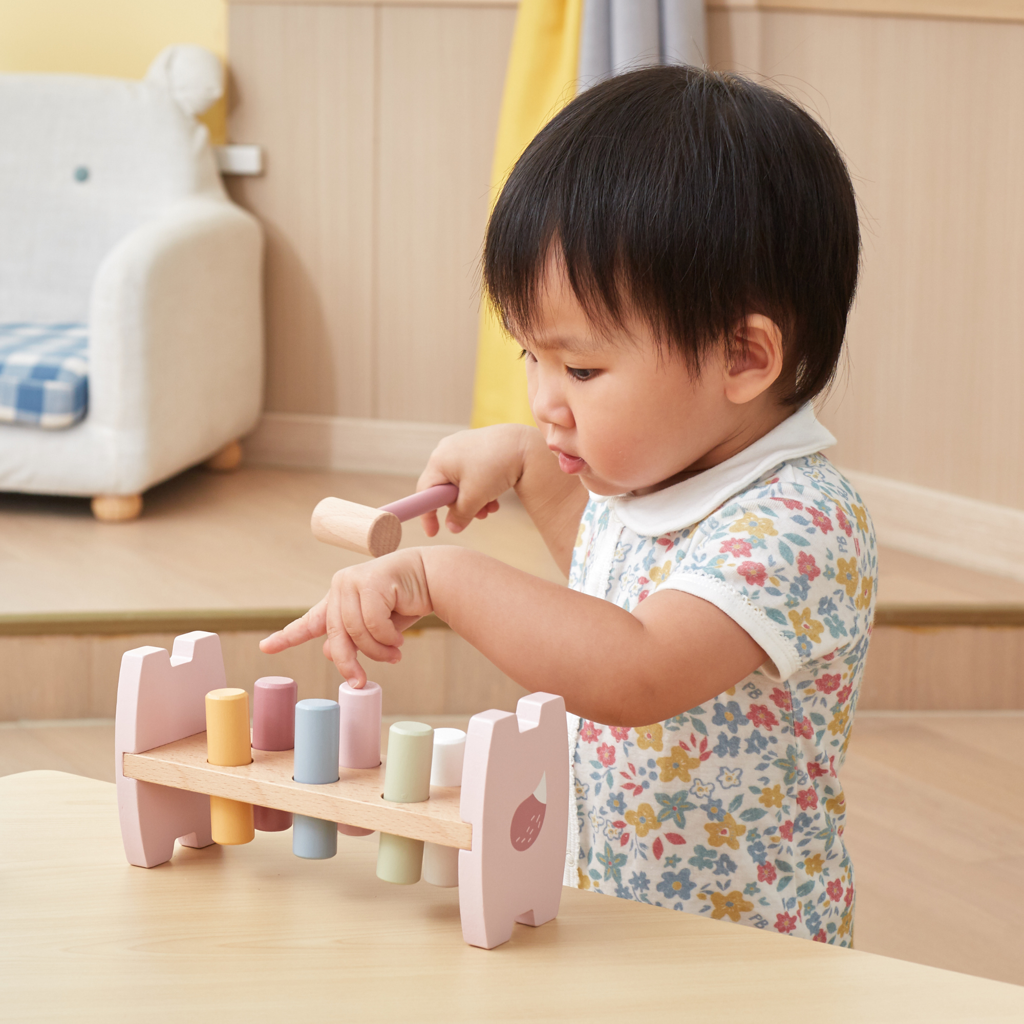 PolarB Wooden Stacking and Pounding Set with Fox Design, Includes Fox Stacker and Pounding Bench, Montessori-Inspired Learning Toy for Toddlers Age 1 and Up