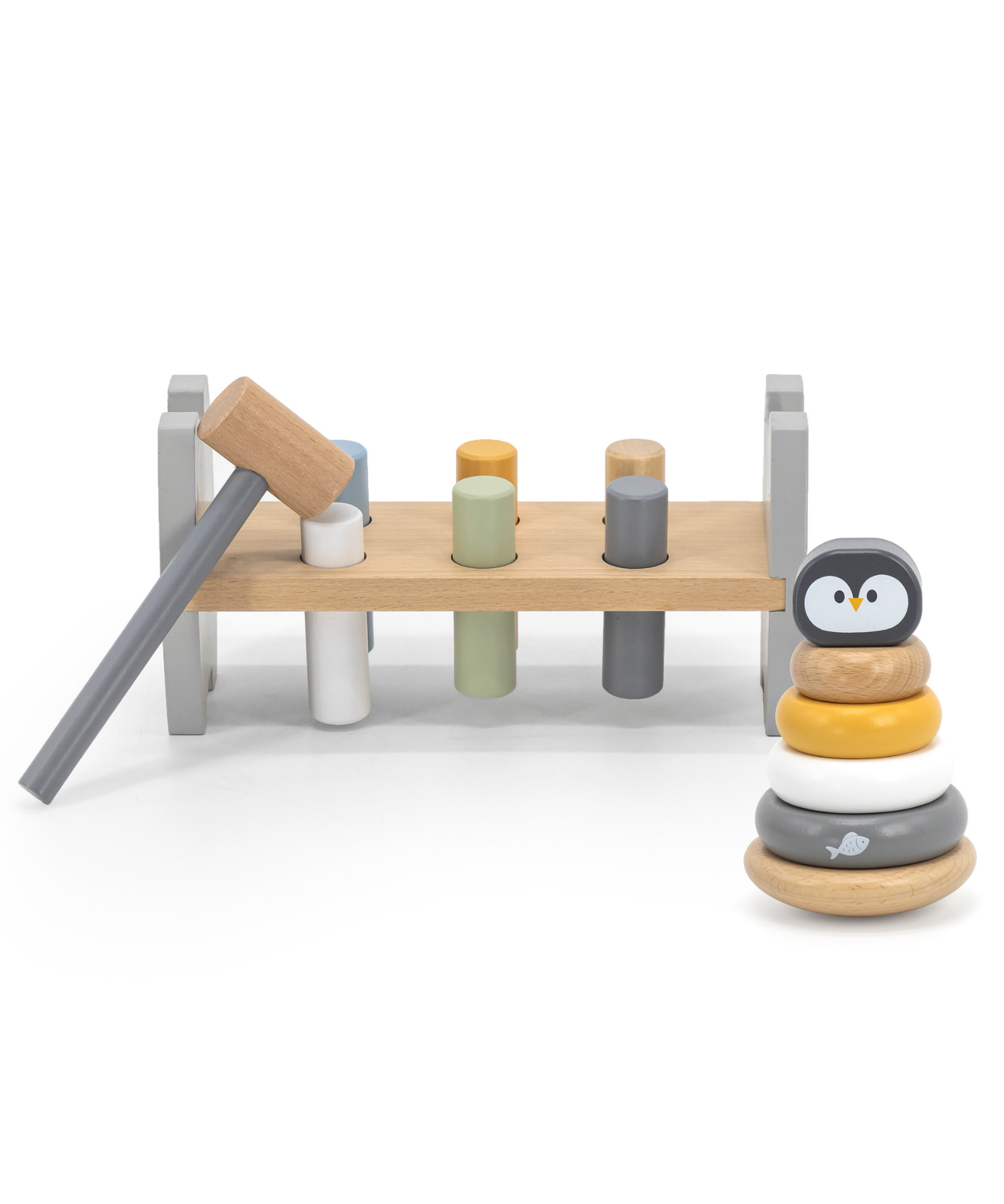 PolarB Penguin Stacker and Pounding Bench, 2-in-1 Wooden Baby Toy with Wobble Stacker and Hammer Bench, Develops Fine Motor Skills and Hand-Eye Coordination, For Ages 12 Months and Up