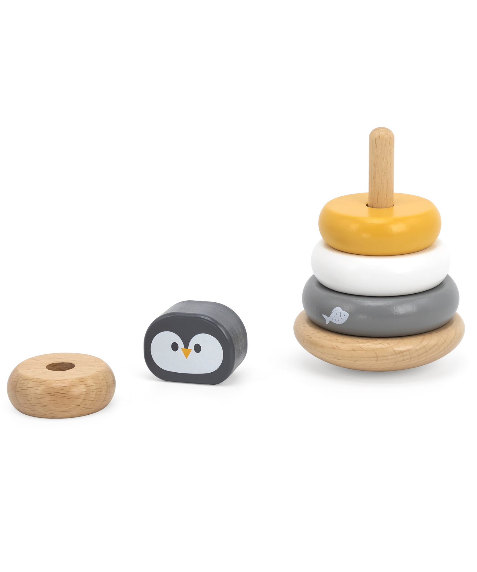 PolarB Penguin Stacker and Pounding Bench, 2-in-1 Wooden Baby Toy with Wobble Stacker and Hammer Bench, Develops Fine Motor Skills and Hand-Eye Coordination, For Ages 12 Months and Up