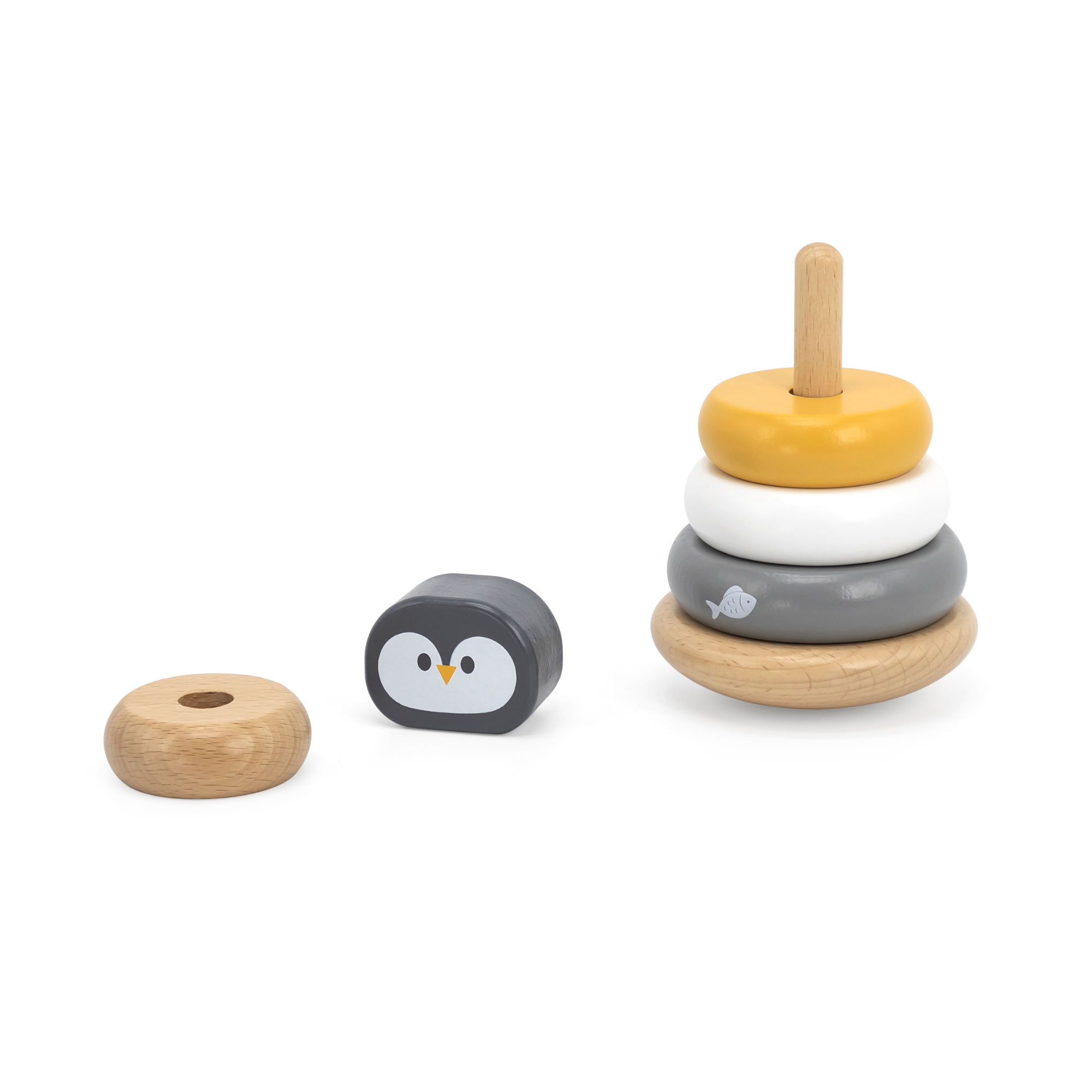 PolarB Penguin Stacker and Pounding Bench, 2-in-1 Wooden Baby Toy with Wobble Stacker and Hammer Bench, Develops Fine Motor Skills and Hand-Eye Coordination, For Ages 12 Months and Up