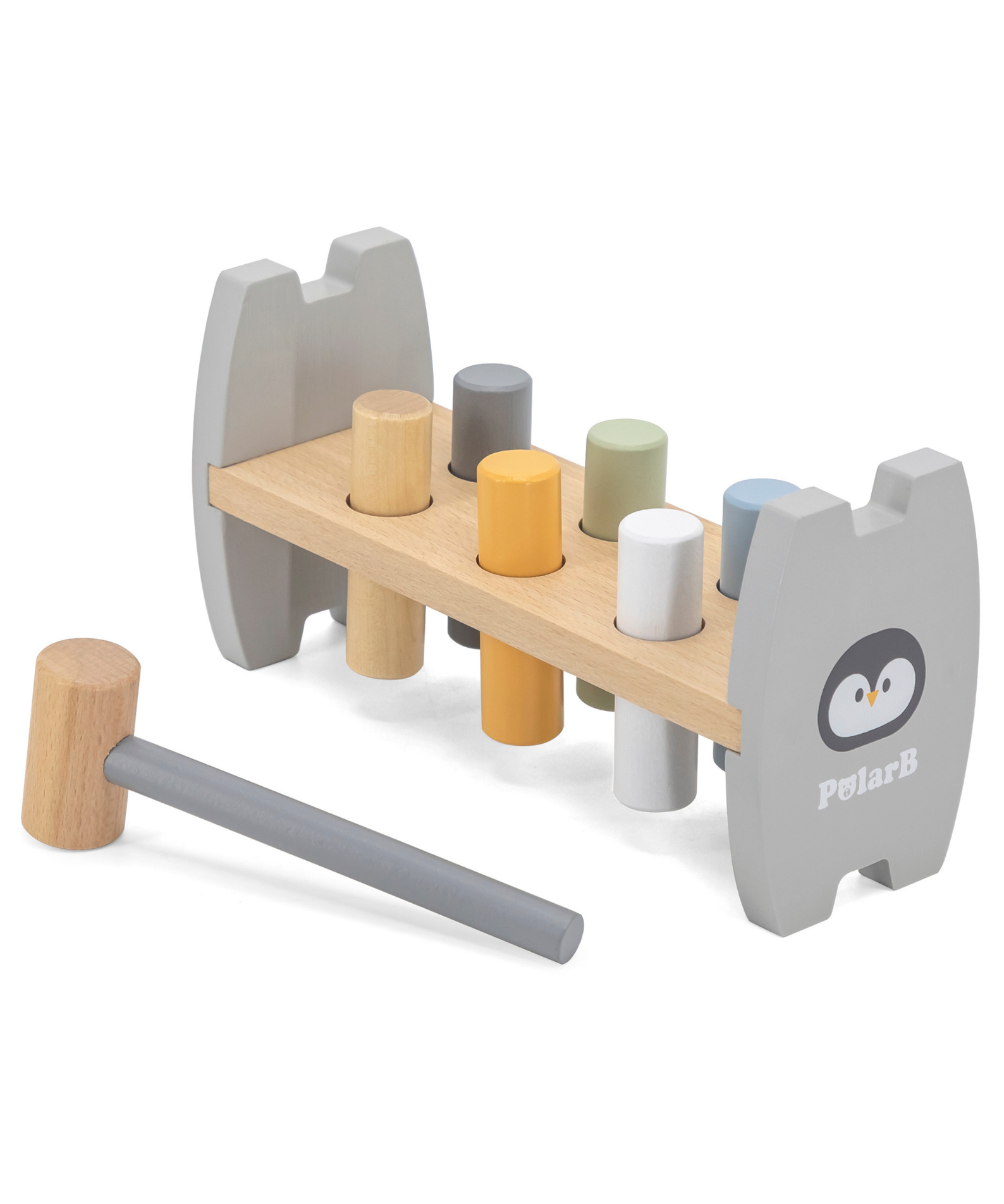 PolarB Penguin Stacker and Pounding Bench, 2-in-1 Wooden Baby Toy with Wobble Stacker and Hammer Bench, Develops Fine Motor Skills and Hand-Eye Coordination, For Ages 12 Months and Up