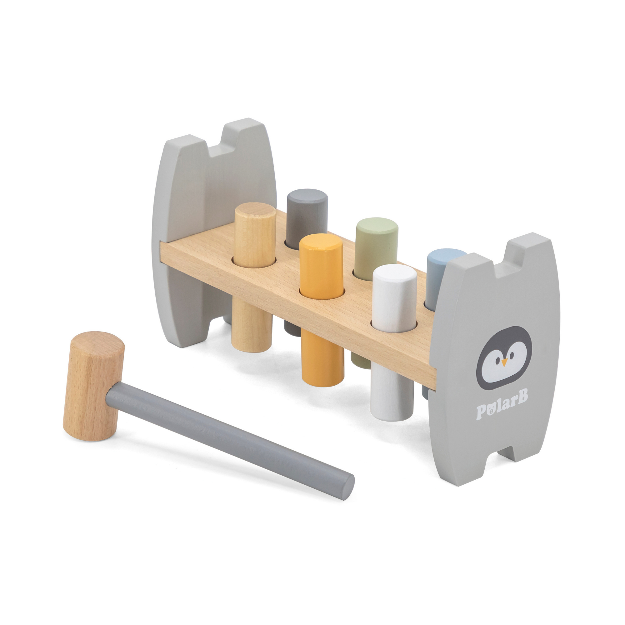 PolarB Penguin Stacker and Pounding Bench, 2-in-1 Wooden Baby Toy with Wobble Stacker and Hammer Bench, Develops Fine Motor Skills and Hand-Eye Coordination, For Ages 12 Months and Up