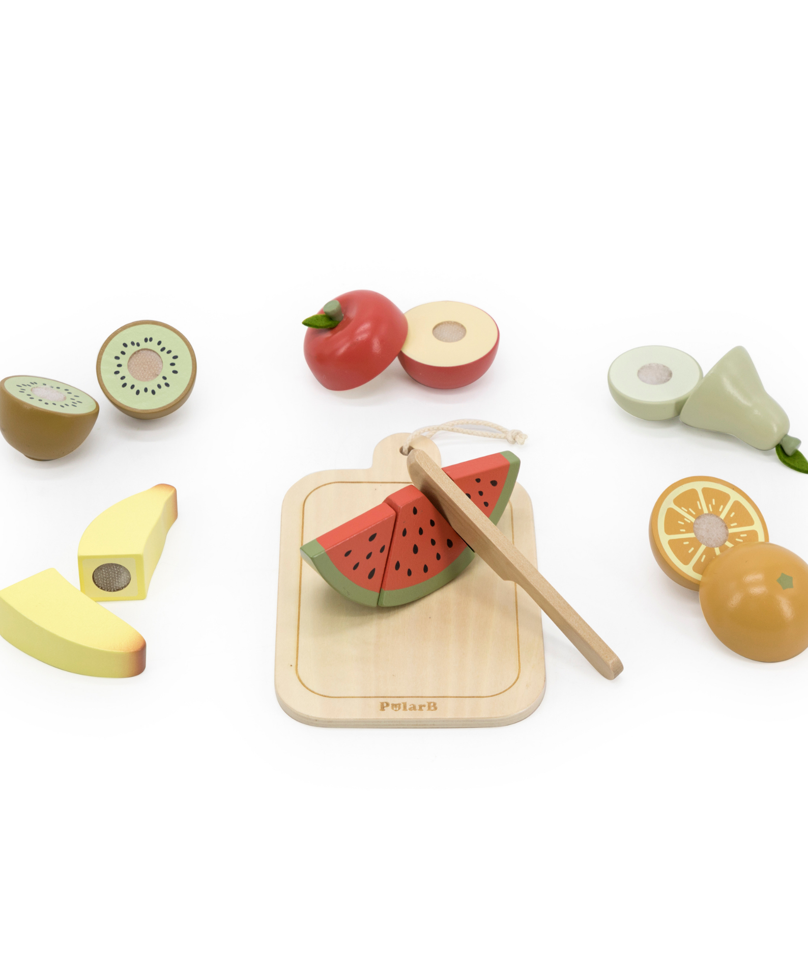 PolarB Wooden Cutting Fruits Play Set for Toddlers, Includes Knife, Cutting Board and 6 Colorful Fruits, Pretend Play Kitchen Toy for Motor Skill Development, Ages 18 Months and Up