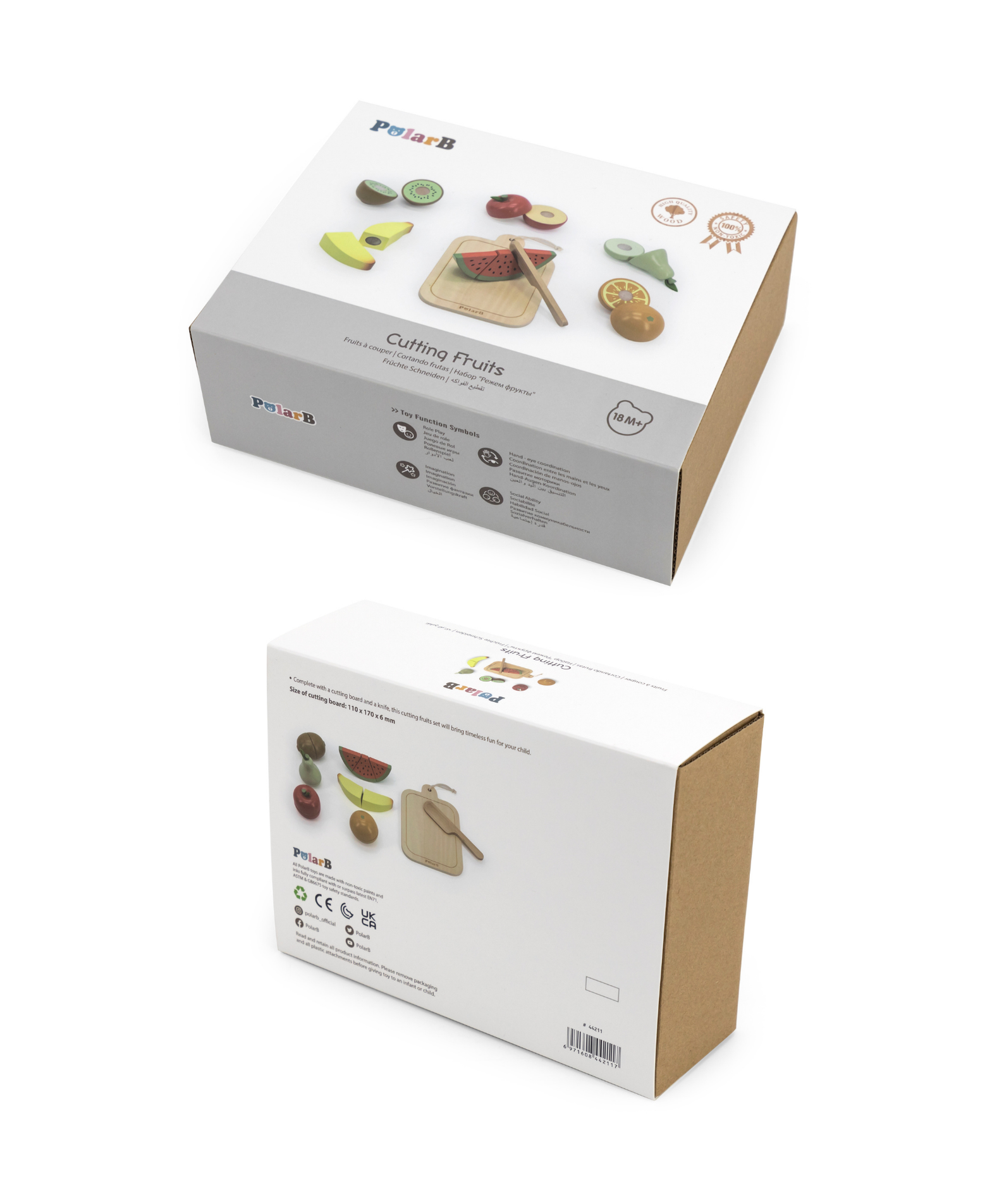 PolarB Wooden Cutting Fruits Play Set for Toddlers, Includes Knife, Cutting Board and 6 Colorful Fruits, Pretend Play Kitchen Toy for Motor Skill Development, Ages 18 Months and Up