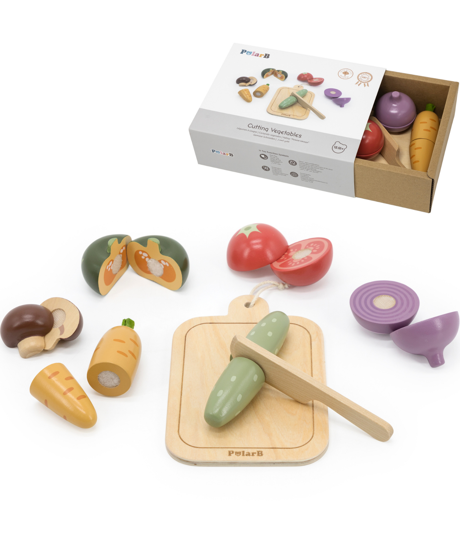 PolarB Wooden Vegetable Chopping Board Set, Pretend Play Cutting Toy with Knife and Board, Montessori Kitchen Learning Toy for Toddlers Ages 18 Months+