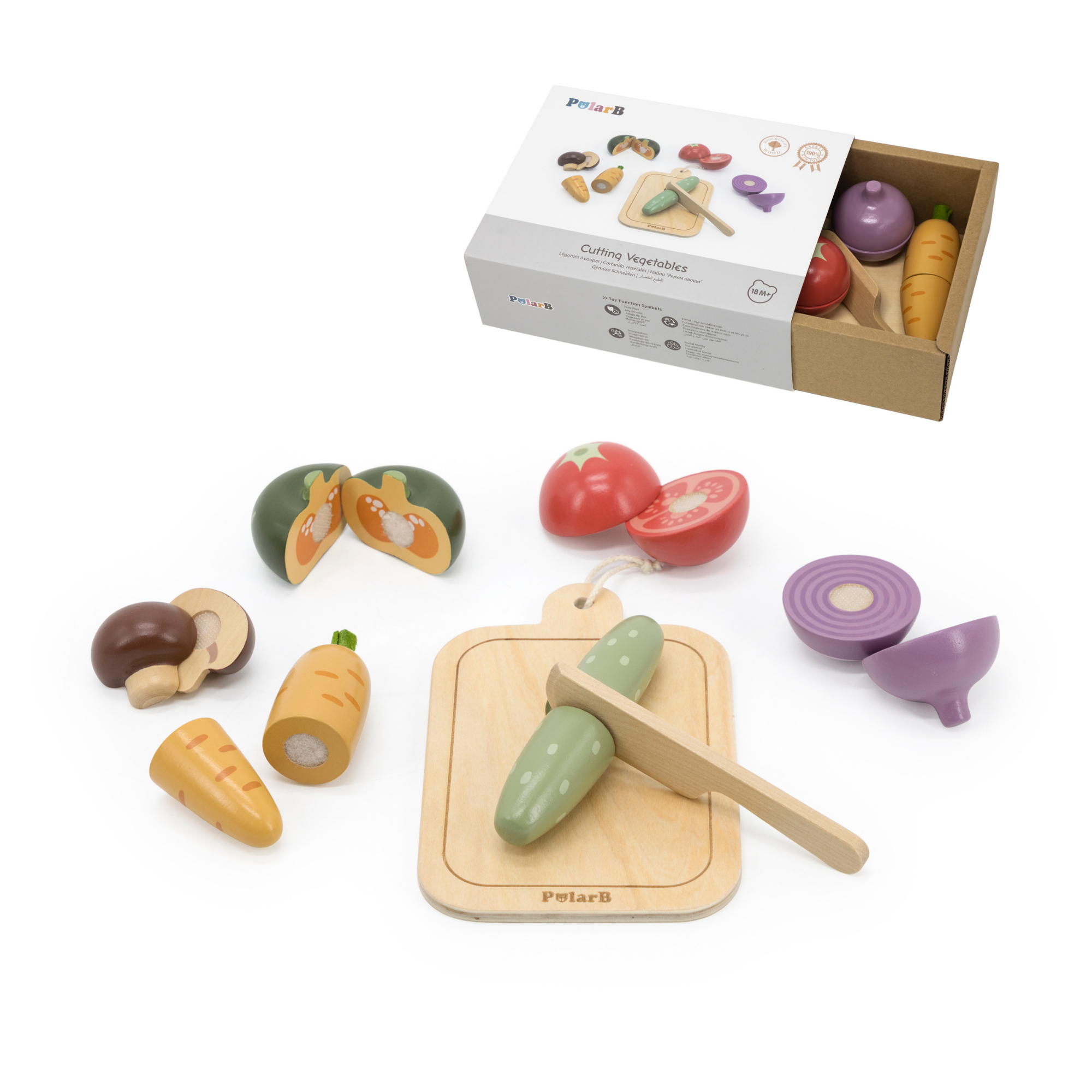 PolarB Wooden Vegetable Chopping Board Set, Pretend Play Cutting Toy with Knife and Board, Montessori Kitchen Learning Toy for Toddlers Ages 18 Months+