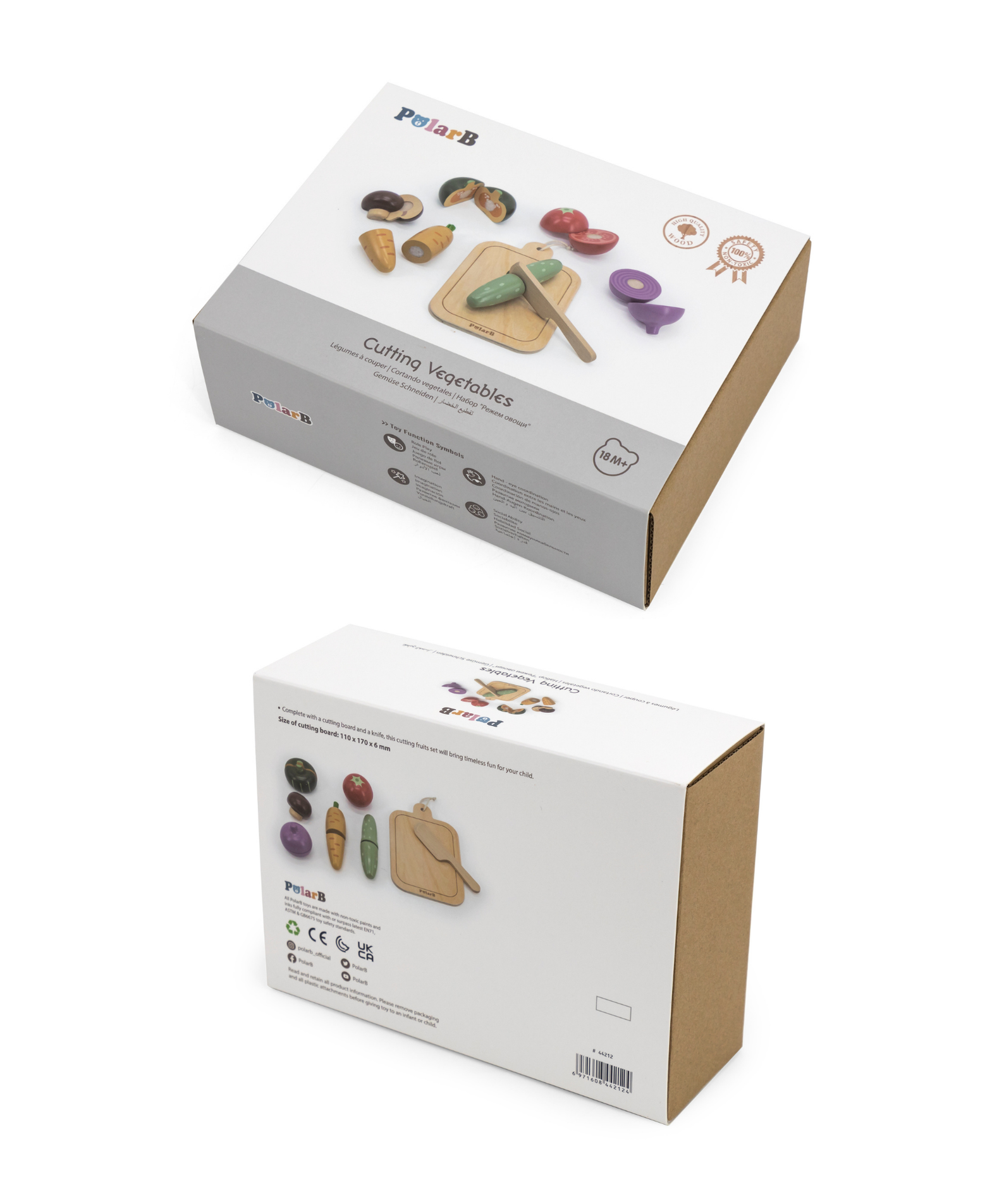 PolarB Wooden Vegetable Chopping Board Set, Pretend Play Cutting Toy with Knife and Board, Montessori Kitchen Learning Toy for Toddlers Ages 18 Months+