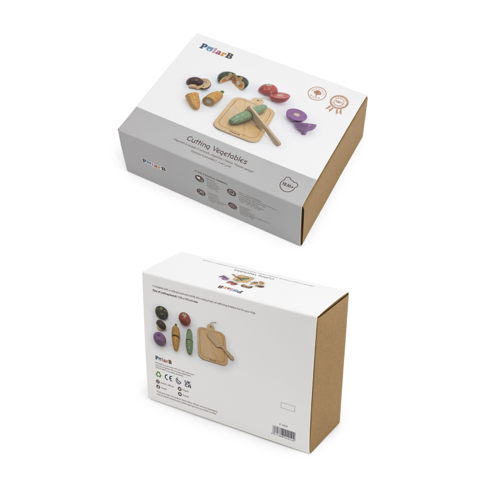 PolarB Wooden Vegetable Chopping Board Set, Pretend Play Cutting Toy with Knife and Board, Montessori Kitchen Learning Toy for Toddlers Ages 18 Months+