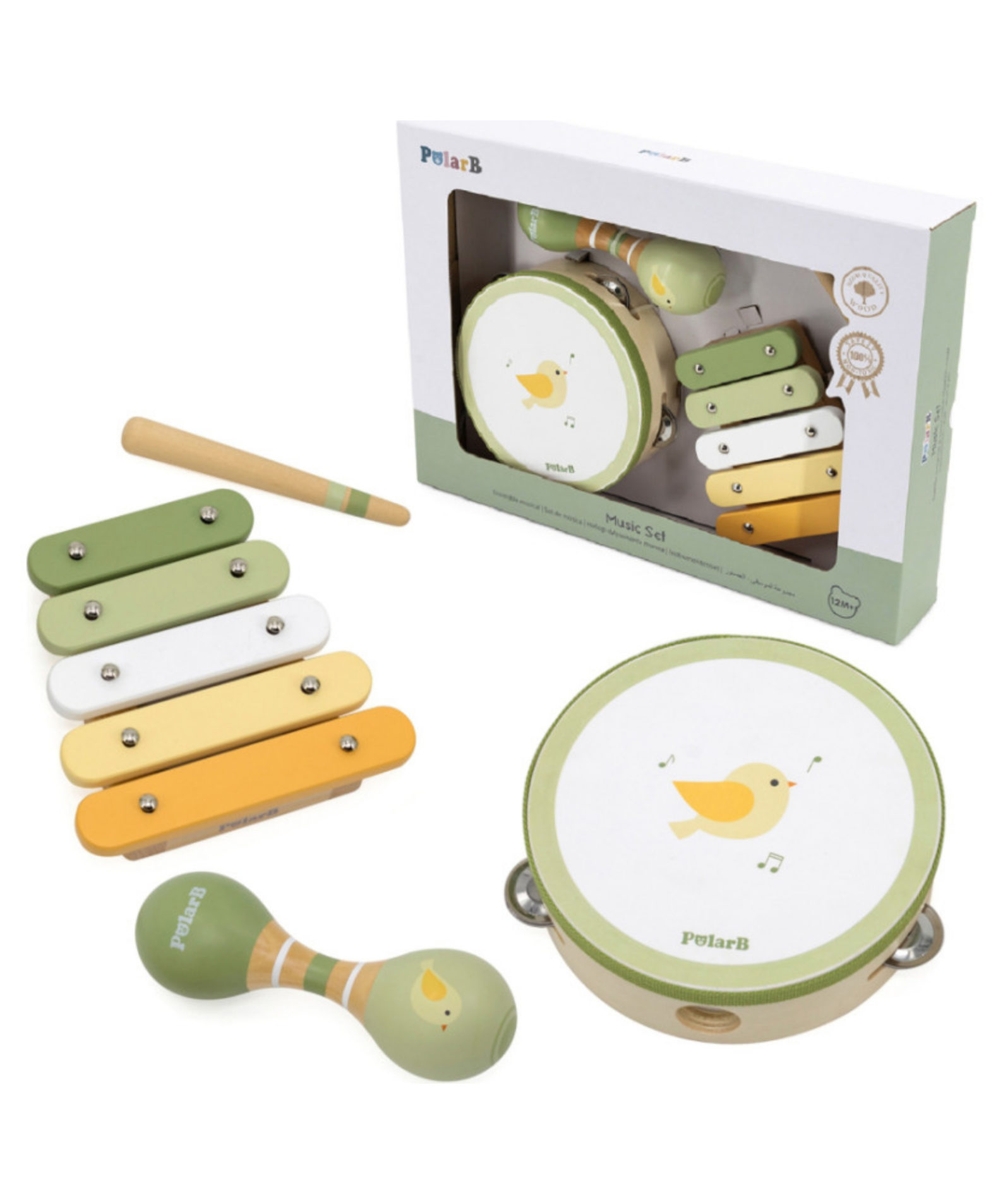 PolarB Bird Wooden Music Set for Toddlers, Includes Tambourine, Maracas and Xylophone, Musical Instrument Toy Kit for Early Learning and Creative Play, 18 Months and Up