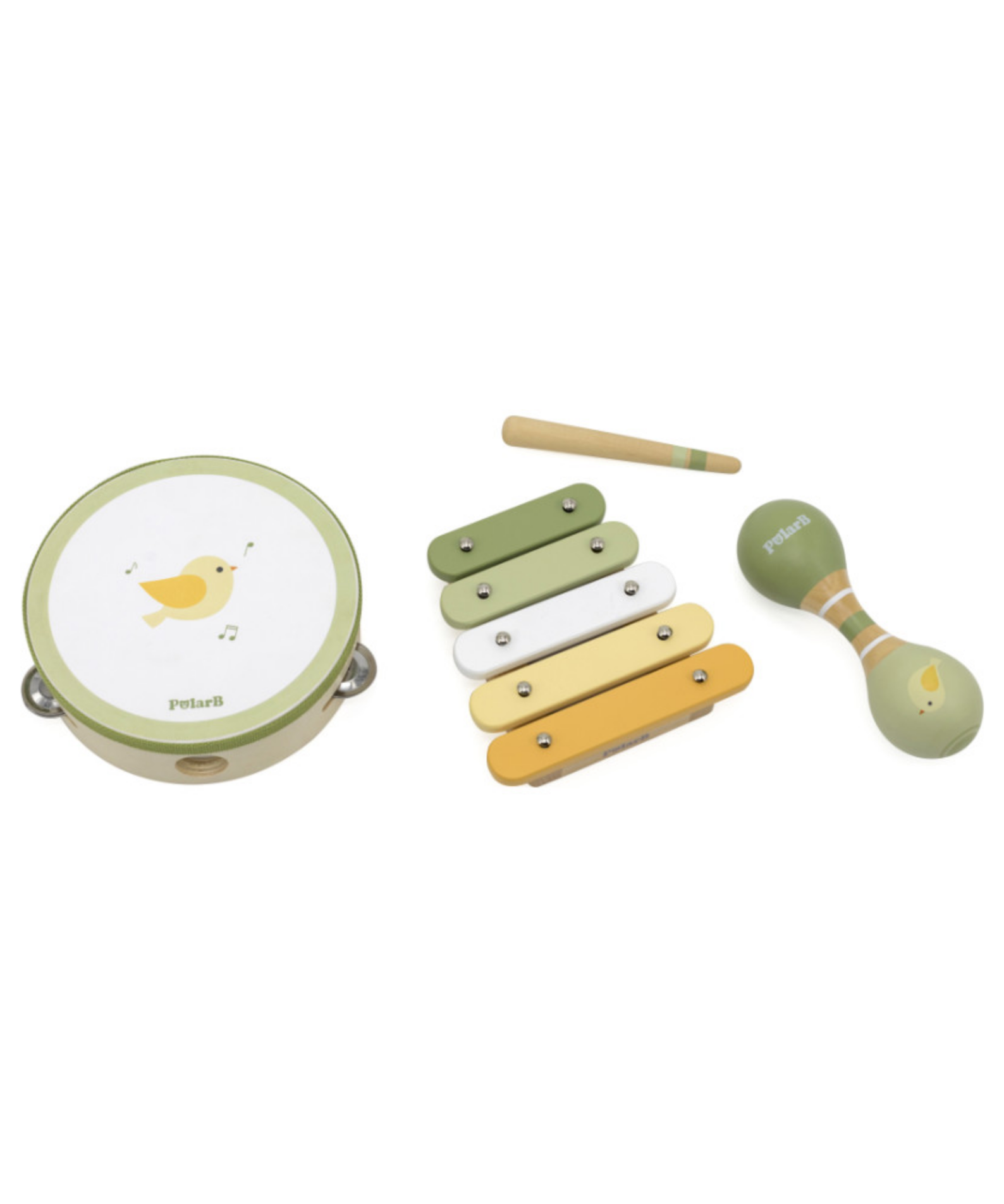 PolarB Bird Wooden Music Set for Toddlers, Includes Tambourine, Maracas and Xylophone, Musical Instrument Toy Kit for Early Learning and Creative Play, 18 Months and Up