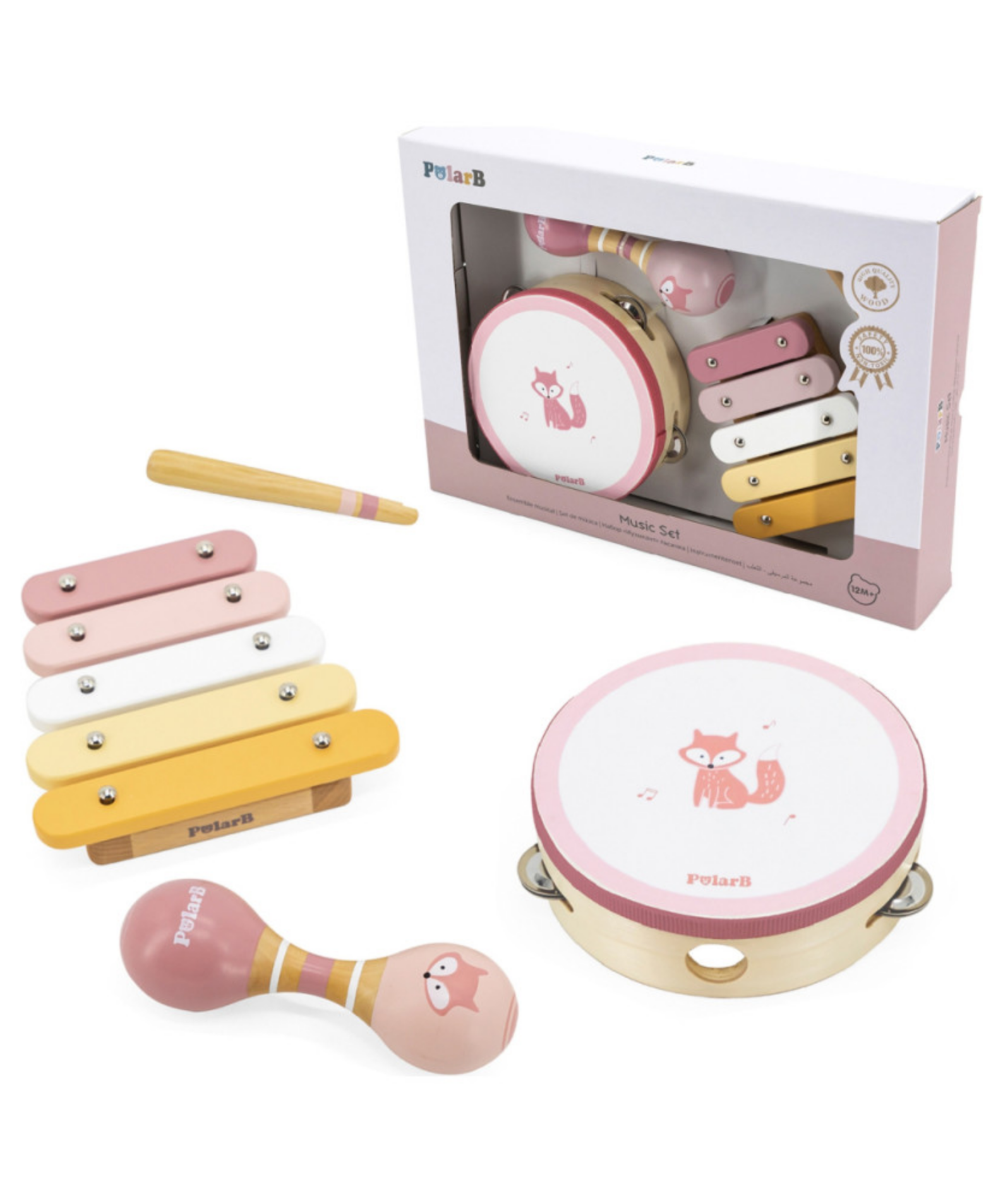 PolarB Fox Wooden Music Set for Toddlers, Includes Tambourine, Maracas and Xylophone, Musical Instrument Toy Kit for Early Learning and Creative Play, 18 Months and Up