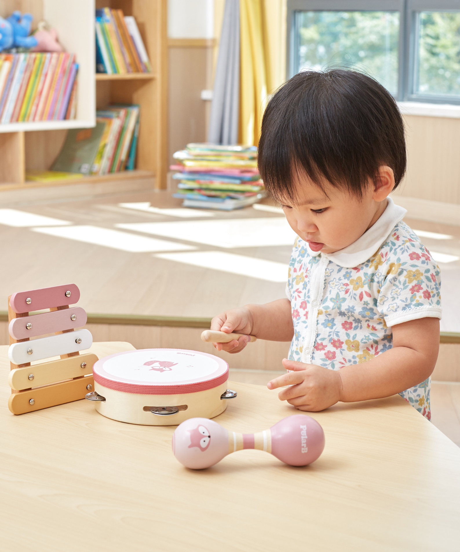 PolarB Fox Wooden Music Set for Toddlers, Includes Tambourine, Maracas and Xylophone, Musical Instrument Toy Kit for Early Learning and Creative Play, 18 Months and Up