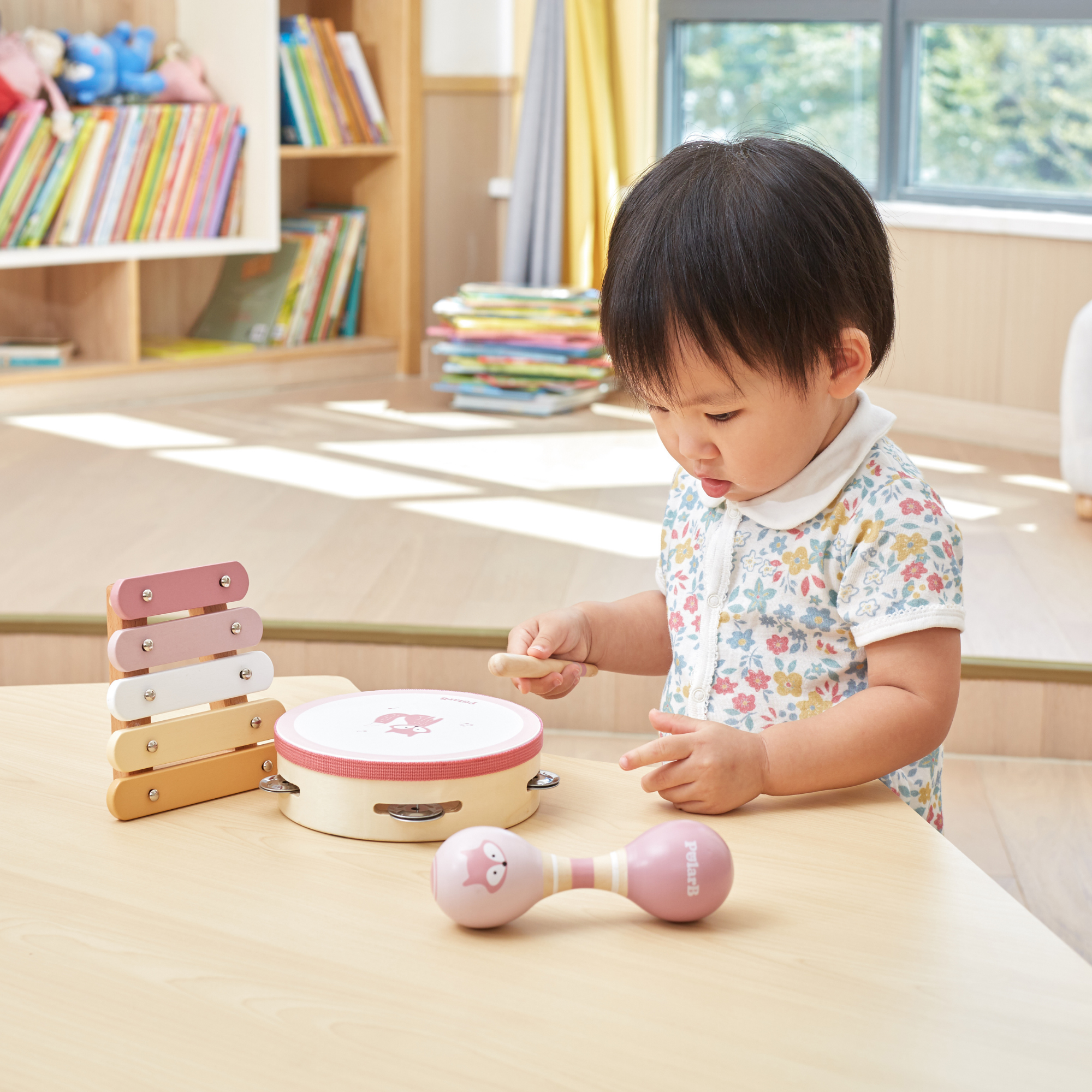 PolarB Fox Wooden Music Set for Toddlers, Includes Tambourine, Maracas and Xylophone, Musical Instrument Toy Kit for Early Learning and Creative Play, 18 Months and Up