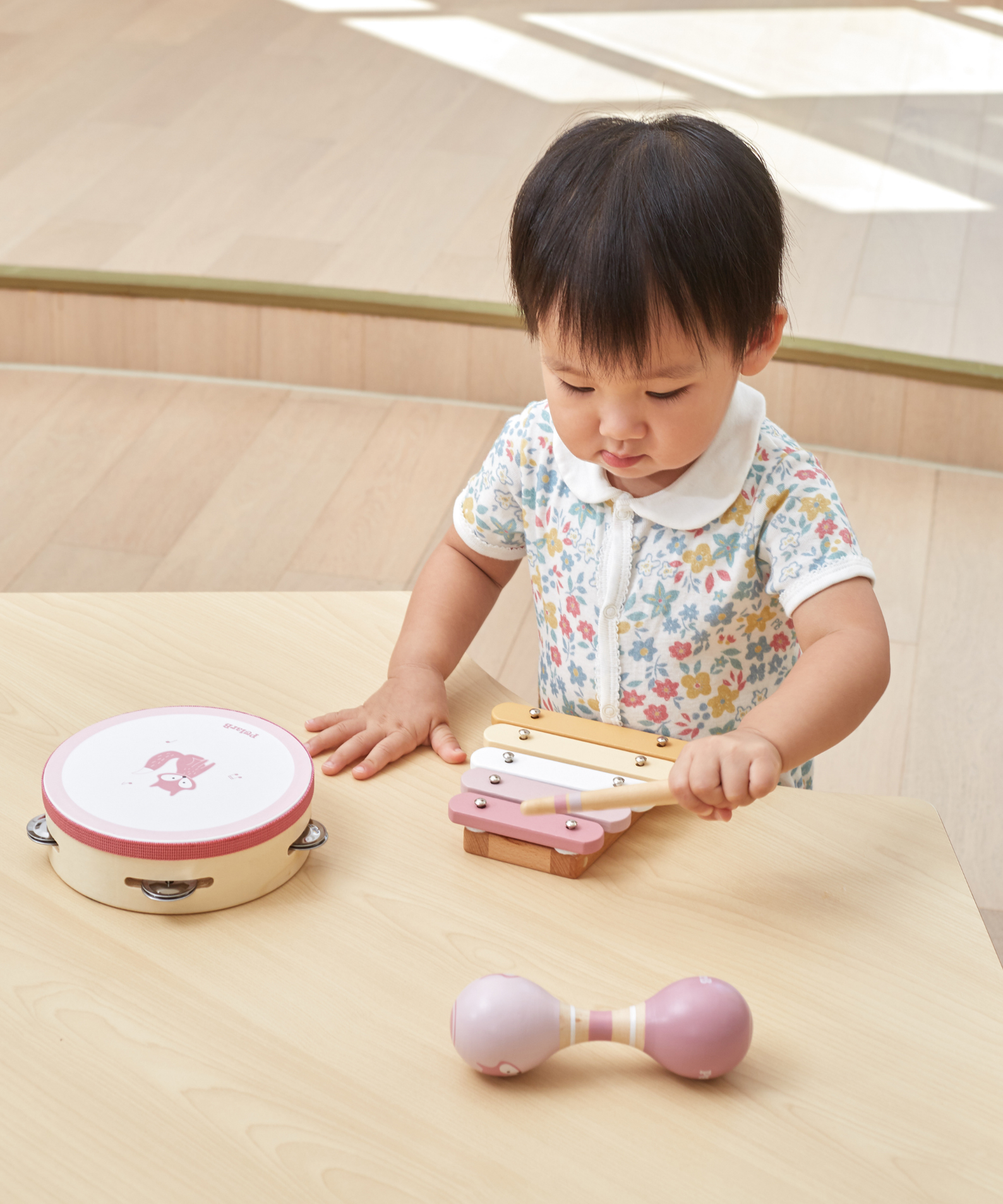 PolarB Fox Wooden Music Set for Toddlers, Includes Tambourine, Maracas and Xylophone, Musical Instrument Toy Kit for Early Learning and Creative Play, 18 Months and Up