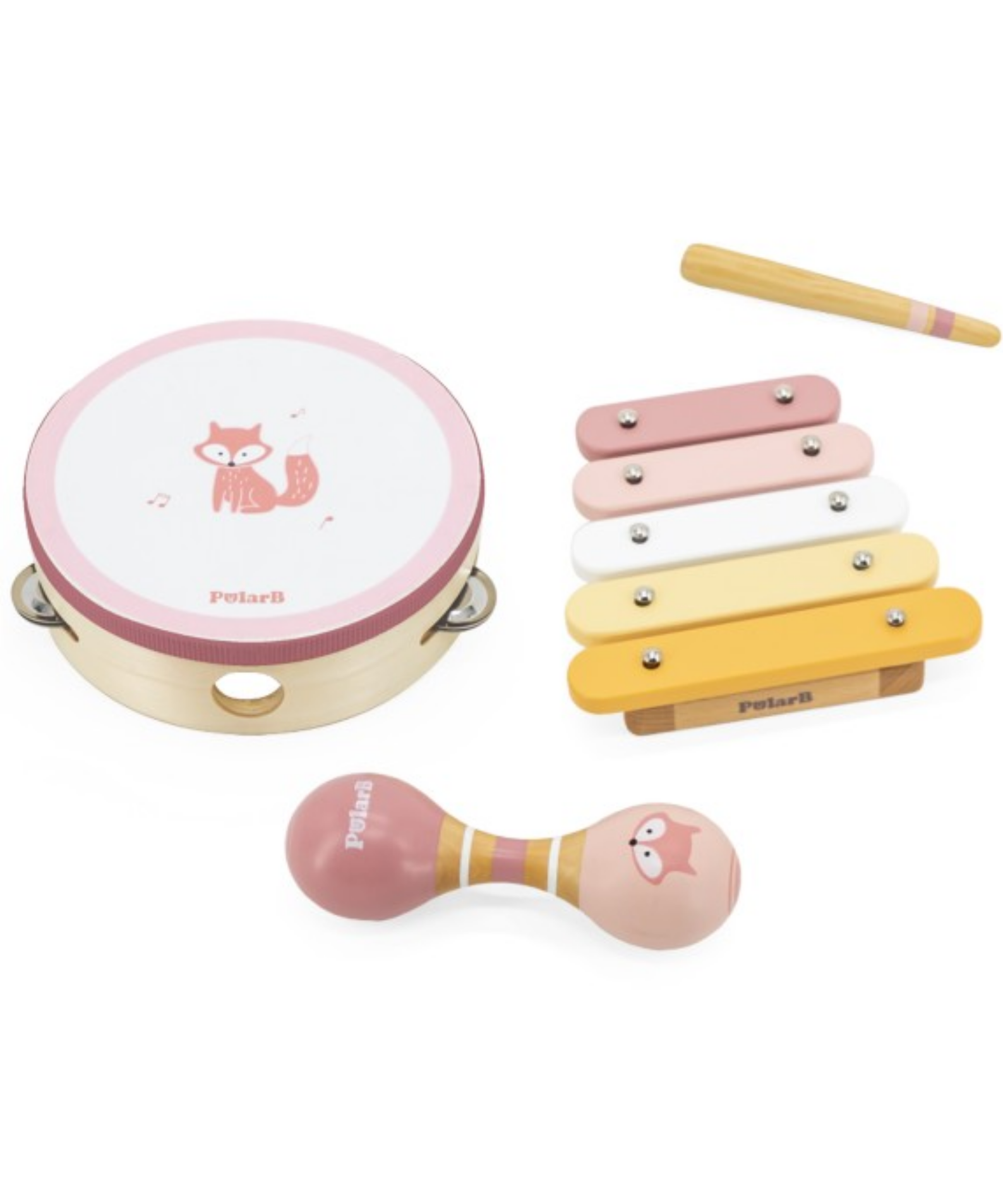 PolarB Fox Wooden Music Set for Toddlers, Includes Tambourine, Maracas and Xylophone, Musical Instrument Toy Kit for Early Learning and Creative Play, 18 Months and Up