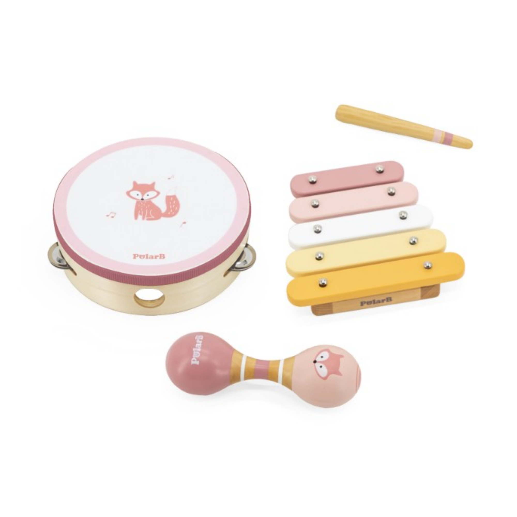 PolarB Fox Wooden Music Set for Toddlers, Includes Tambourine, Maracas and Xylophone, Musical Instrument Toy Kit for Early Learning and Creative Play, 18 Months and Up